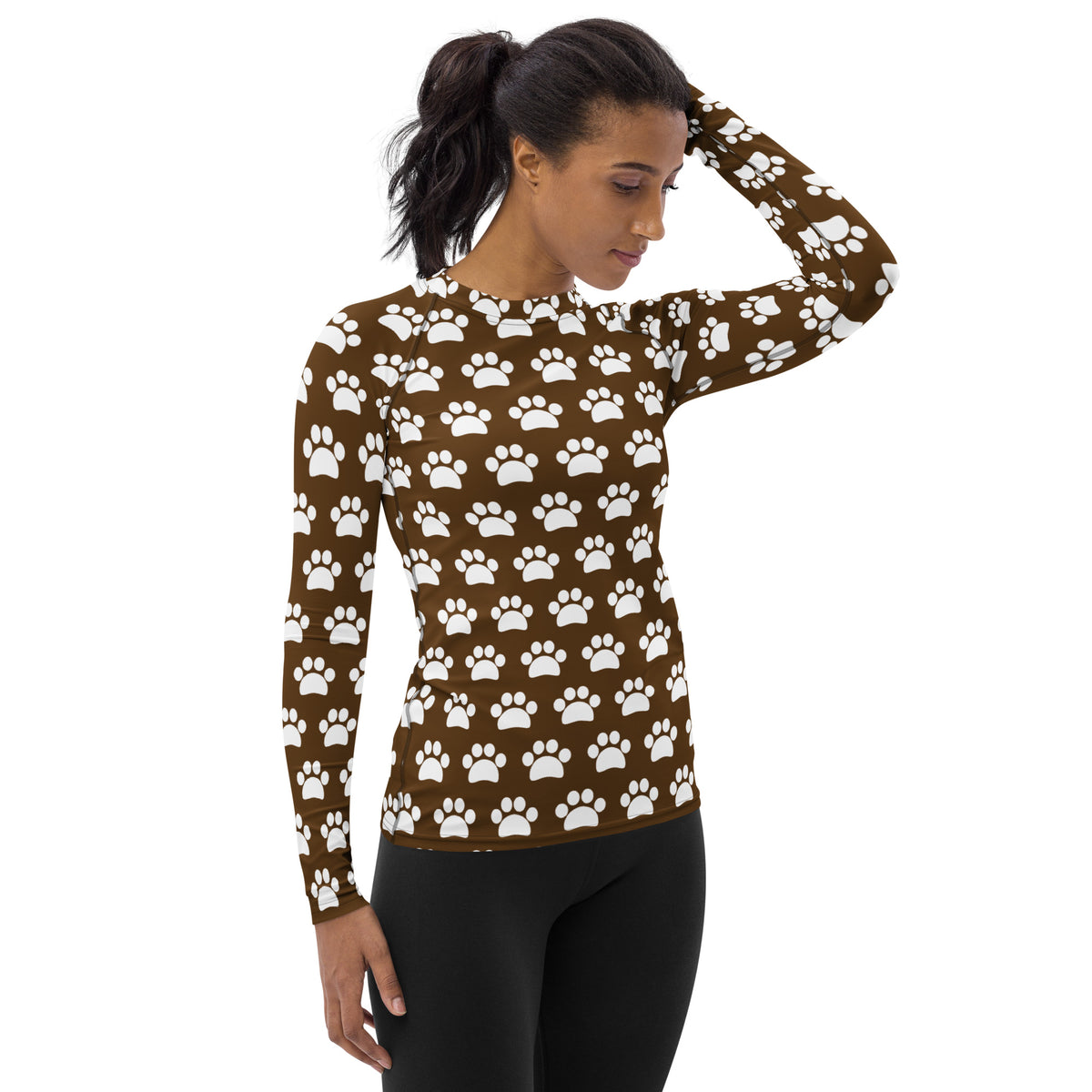 Women's Brown Paw Print Long Sleeve Rash Guard Swim Shirt – Buttery Soft, Sun Safe UPF 50+ Protection, Quick Dry & 4-Way Stretch Comfort