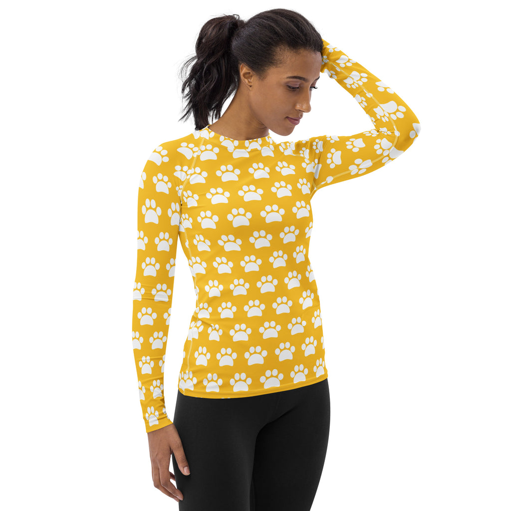 Women's Yellow Paw Print Long Sleeve Rash Guard Swim Shirt – Buttery Soft, Sun Safe UPF 50+ Protection, Quick Dry & 4-Way Stretch Comfort