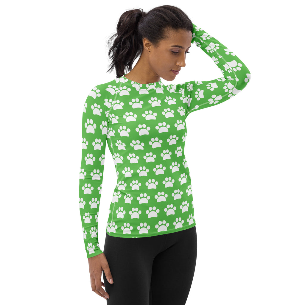 Women's Green Paw Print Long Sleeve Rash Guard Swim Shirt – Buttery Soft, Sun Safe UPF 50+ Protection, Quick Dry & 4-Way Stretch Comfort