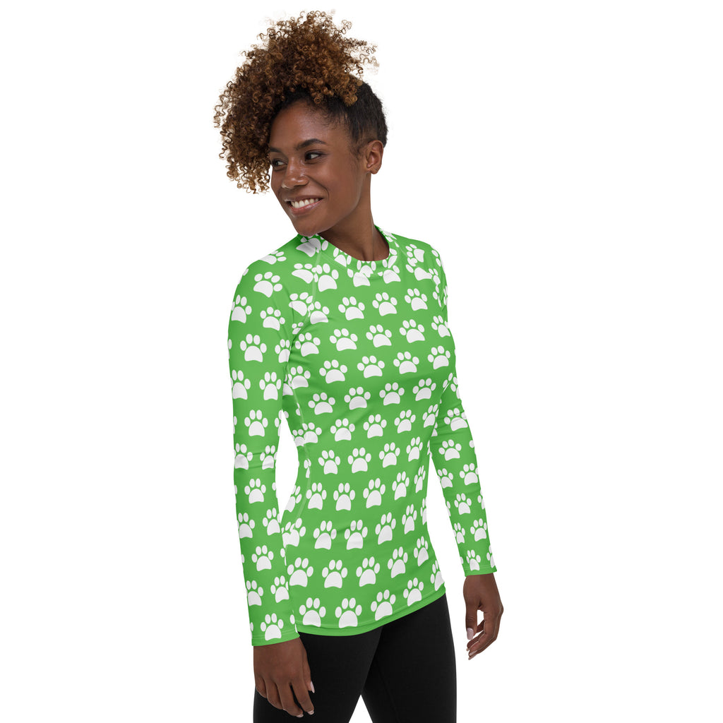 Women's Green Paw Print Long Sleeve Rash Guard Swim Shirt – Buttery Soft, Sun Safe UPF 50+ Protection, Quick Dry & 4-Way Stretch Comfort