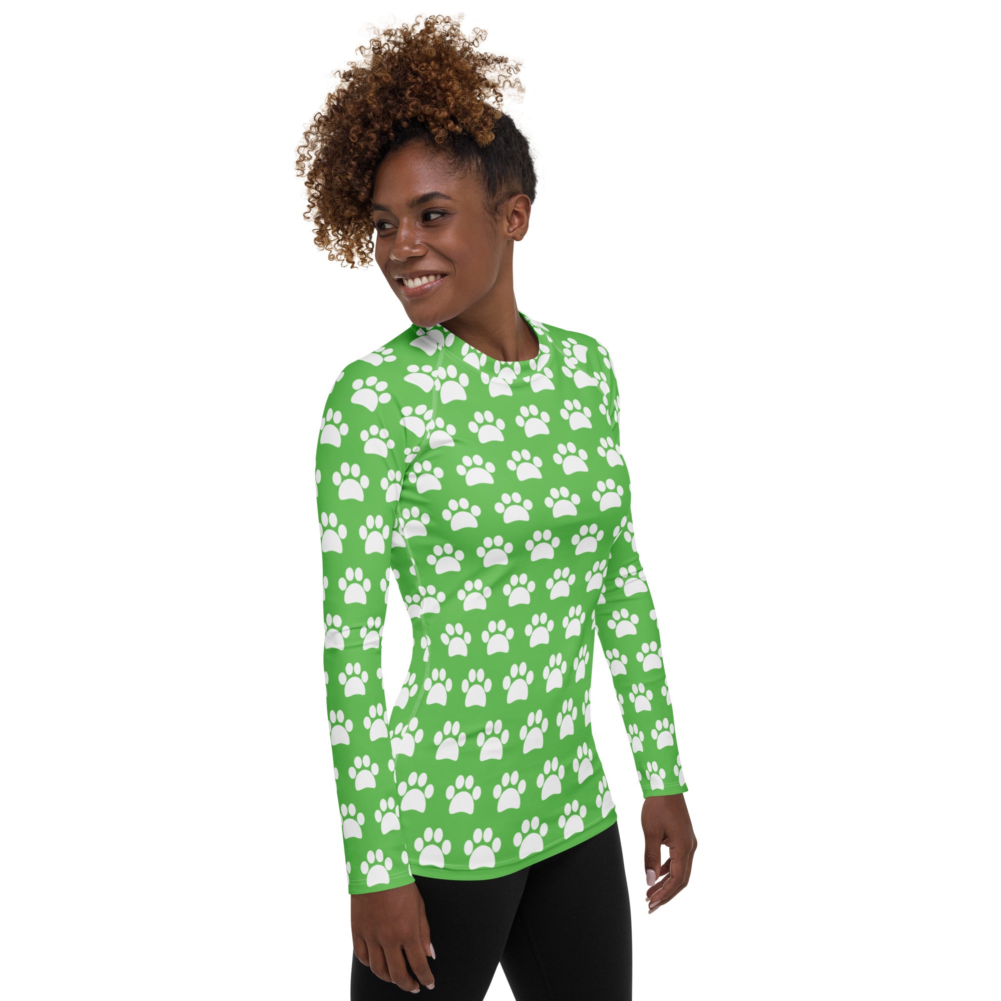Women's Green Paw Print Long Sleeve Rash Guard Swim Shirt – Buttery Soft, Sun Safe UPF 50+ Protection, Quick Dry & 4-Way Stretch Comfort