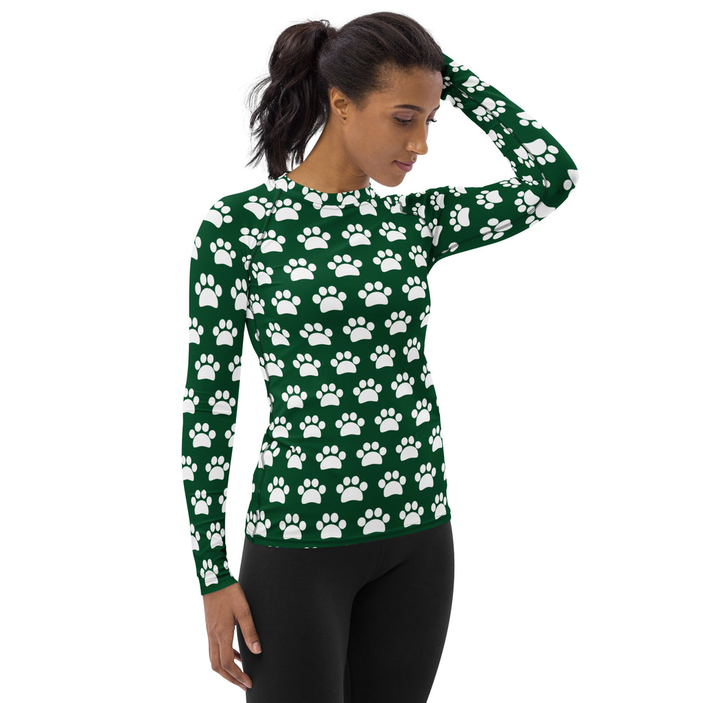 Women's Forest Green Paw Print Long Sleeve Rash Guard Swim Shirt – Buttery Soft, Sun Safe UPF 50+ Protection, Quick Dry & 4-Way Stretch Comfort