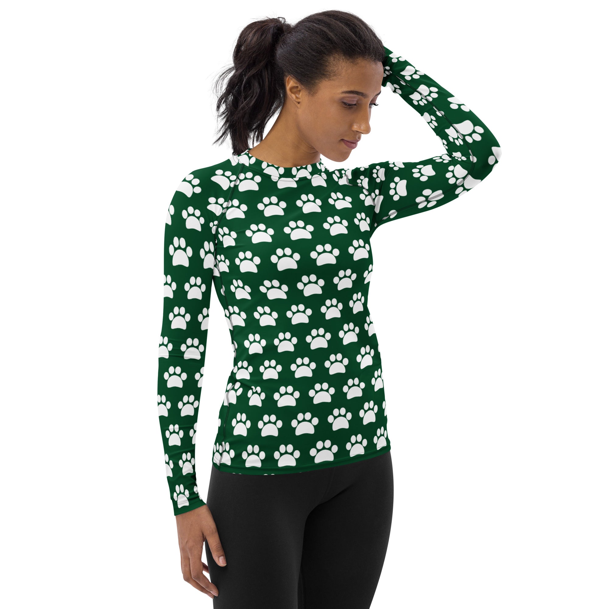 Women's Forest Green Paw Print Long Sleeve Rash Guard Swim Shirt – Buttery Soft, Sun Safe UPF 50+ Protection, Quick Dry & 4-Way Stretch Comfort
