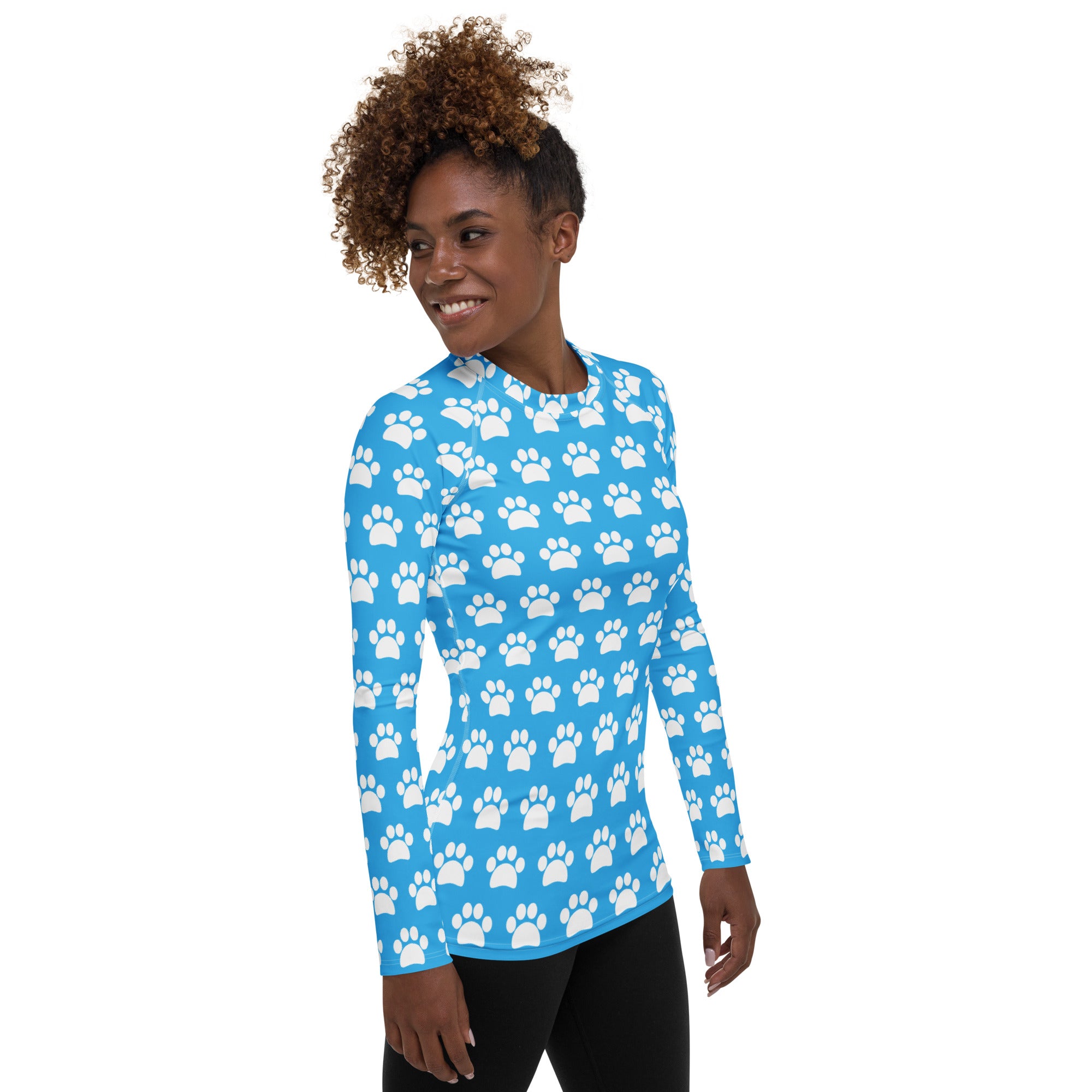Women's Light Blue Paw Print Long Sleeve Rash Guard Swim Shirt – Buttery Soft, Sun Safe UPF 50+ Protection, Quick Dry & 4-Way Stretch Comfort