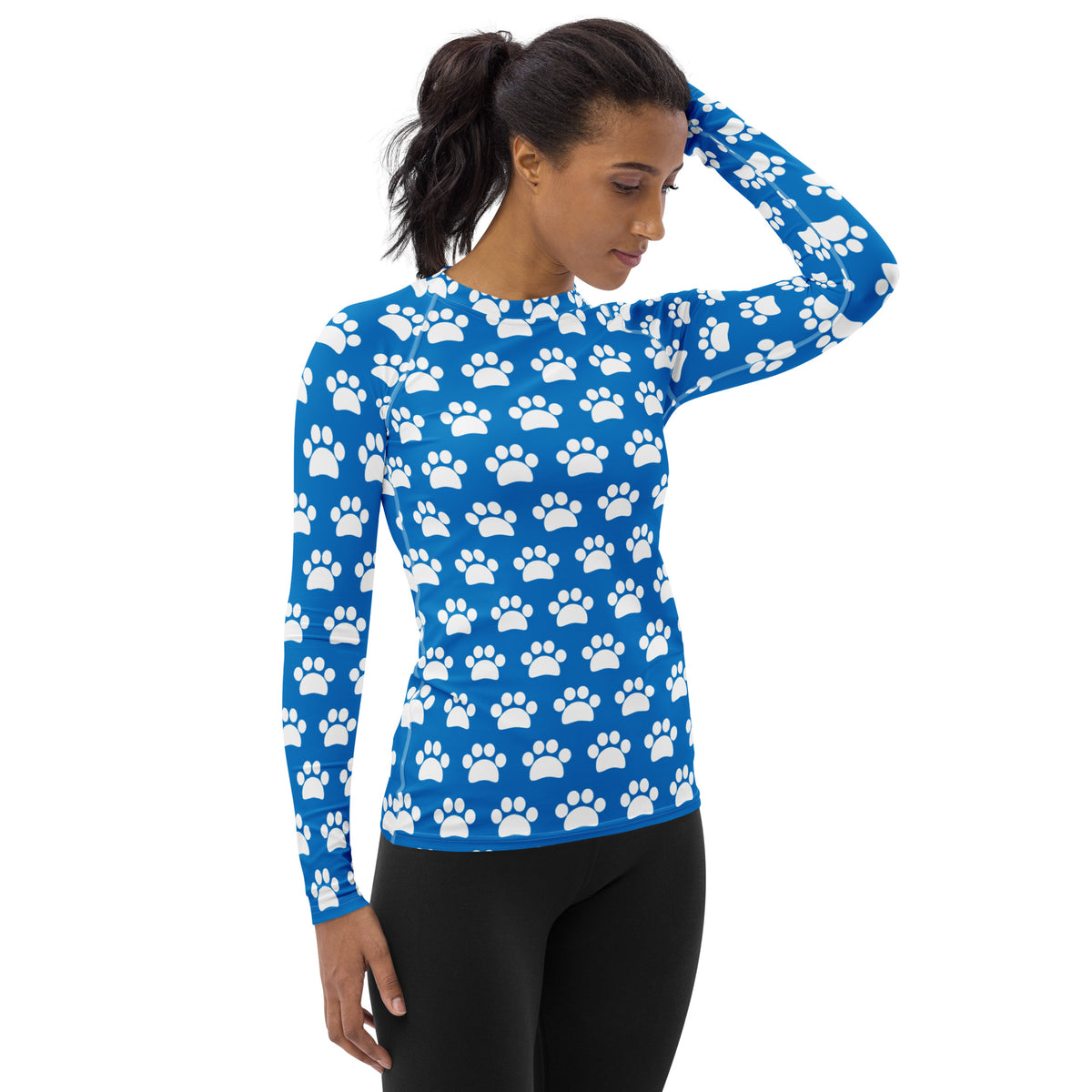 Women's Blue Paw Print Long Sleeve Rash Guard Swim Shirt – Buttery Soft, Sun Safe UPF 50+ Protection, Quick Dry & 4-Way Stretch Comfort