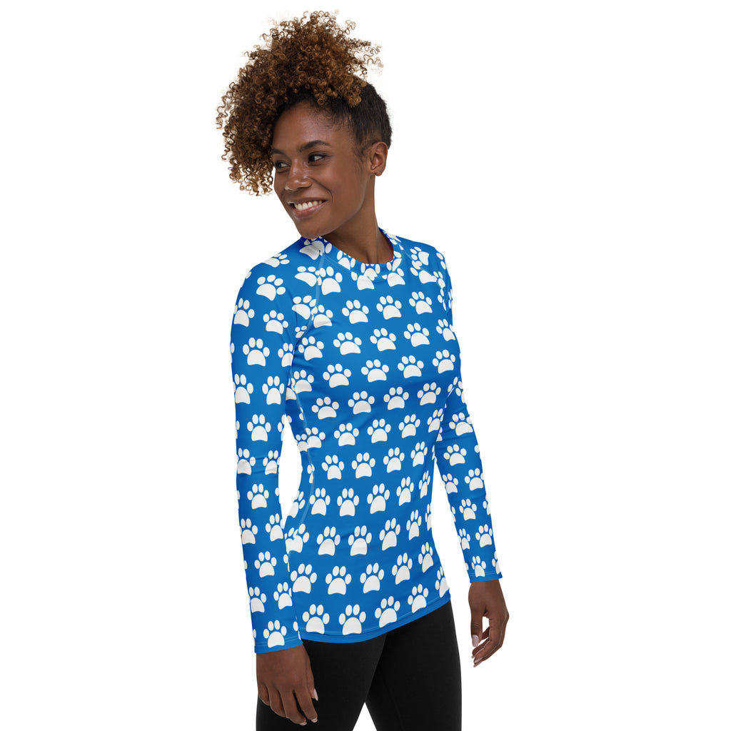 Women's Blue Paw Print Long Sleeve Rash Guard Swim Shirt – Buttery Soft, Sun Safe UPF 50+ Protection, Quick Dry & 4-Way Stretch Comfort