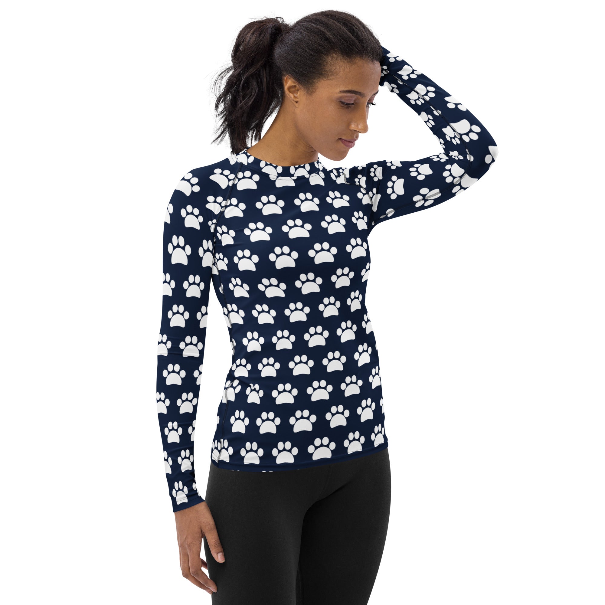 Women's Navy Blue Paw Print Long Sleeve Rash Guard Swim Shirt – Buttery Soft, Sun Safe UPF 50+ Protection, Quick Dry & 4-Way Stretch Comfort