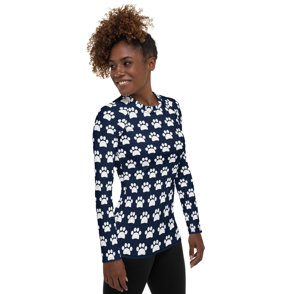 Women's Navy Blue Paw Print Long Sleeve Rash Guard Swim Shirt – Buttery Soft, Sun Safe UPF 50+ Protection, Quick Dry & 4-Way Stretch Comfort