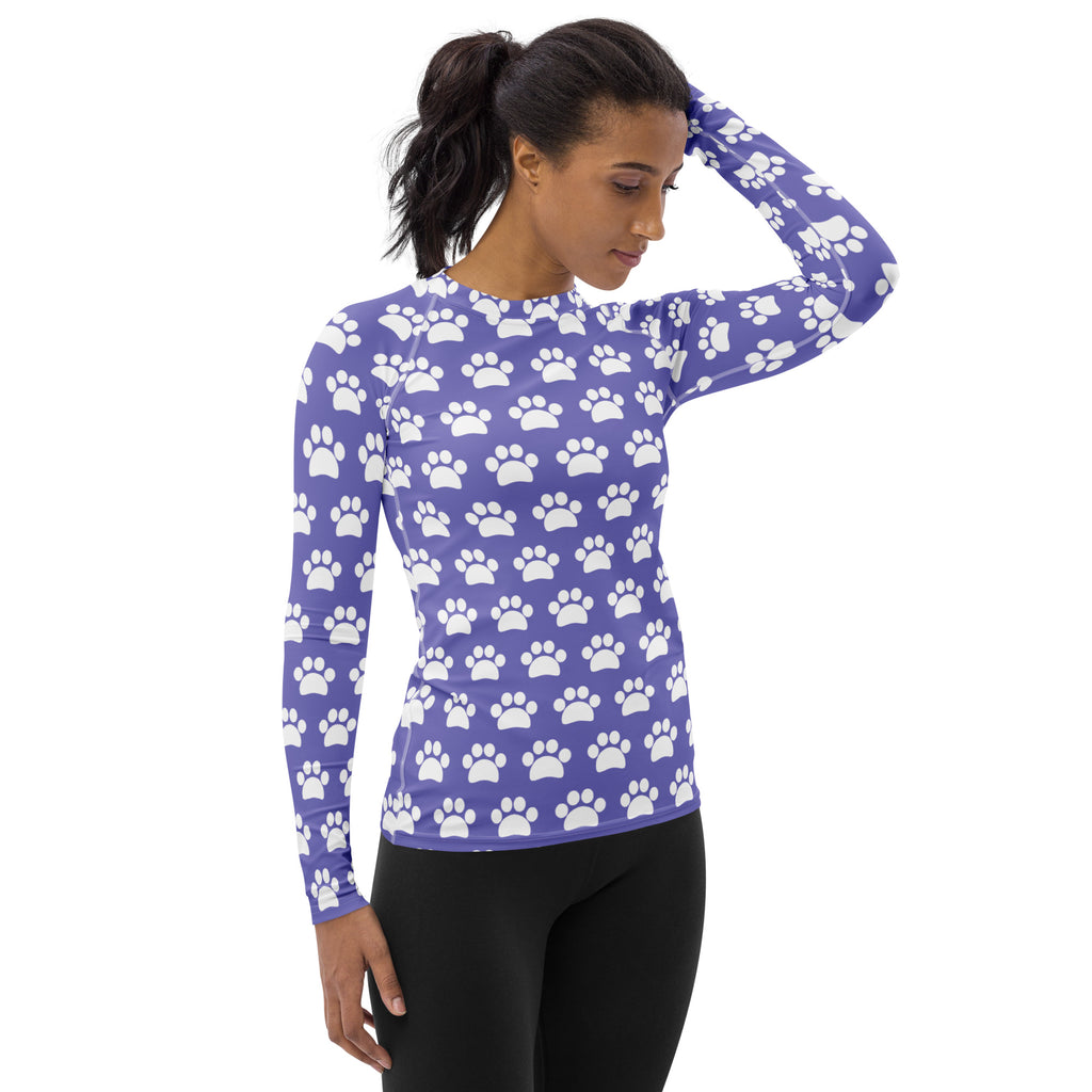 Women's Purple Paw Print Long Sleeve Rash Guard Swim Shirt – Buttery Soft, Sun Safe UPF 50+ Protection, Quick Dry & 4-Way Stretch Comfort