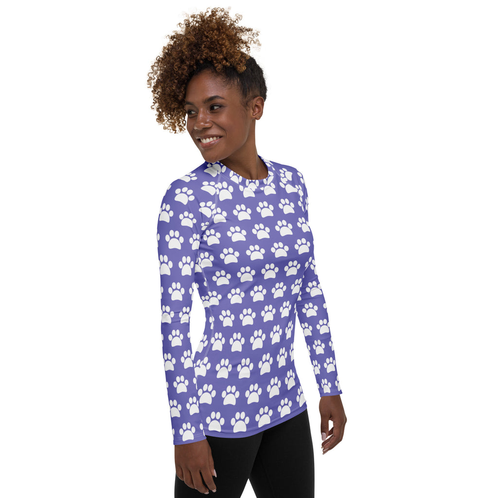 Women's Purple Paw Print Long Sleeve Rash Guard Swim Shirt – Buttery Soft, Sun Safe UPF 50+ Protection, Quick Dry & 4-Way Stretch Comfort