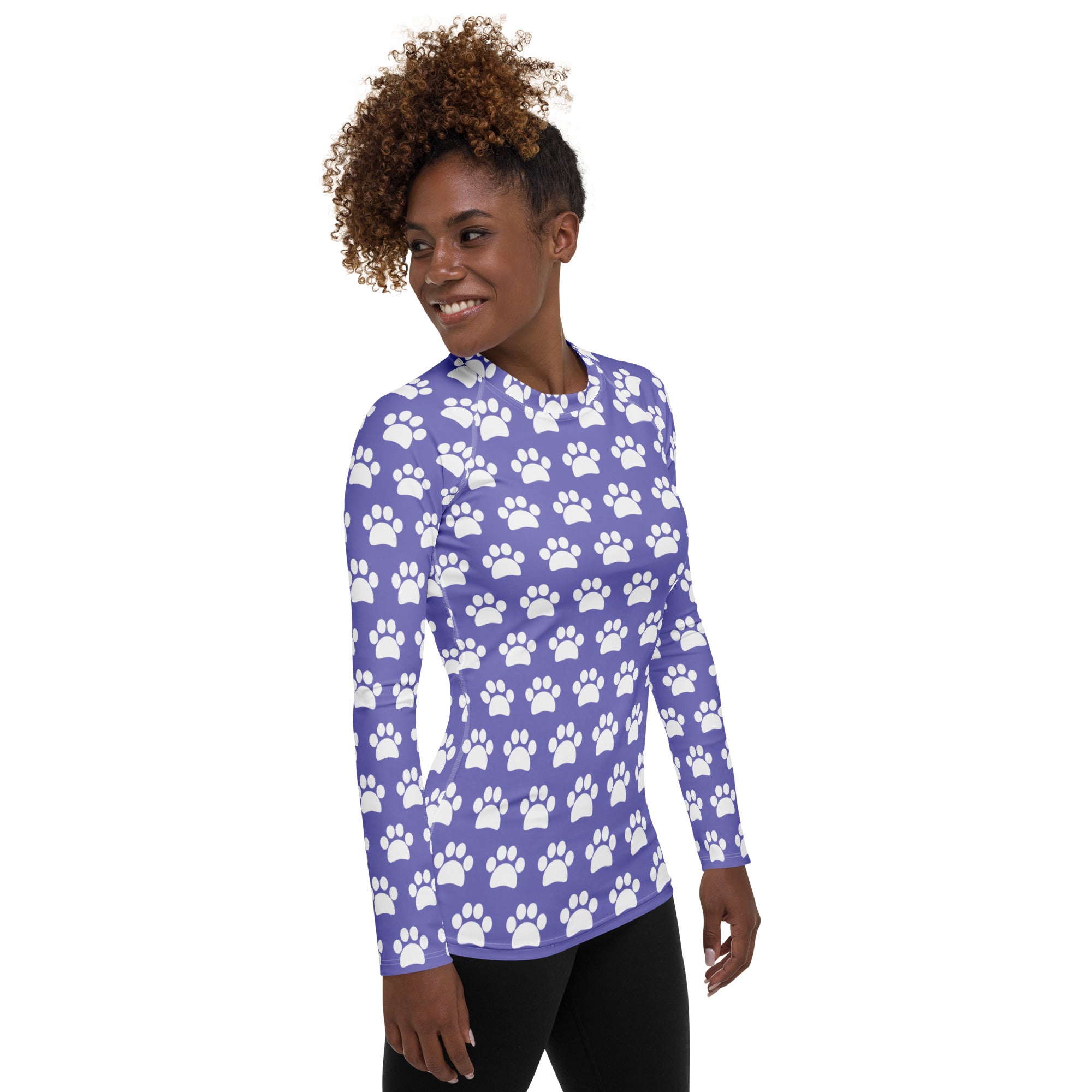 Women's Purple Paw Print Long Sleeve Rash Guard Swim Shirt – Buttery Soft, Sun Safe UPF 50+ Protection, Quick Dry & 4-Way Stretch Comfort