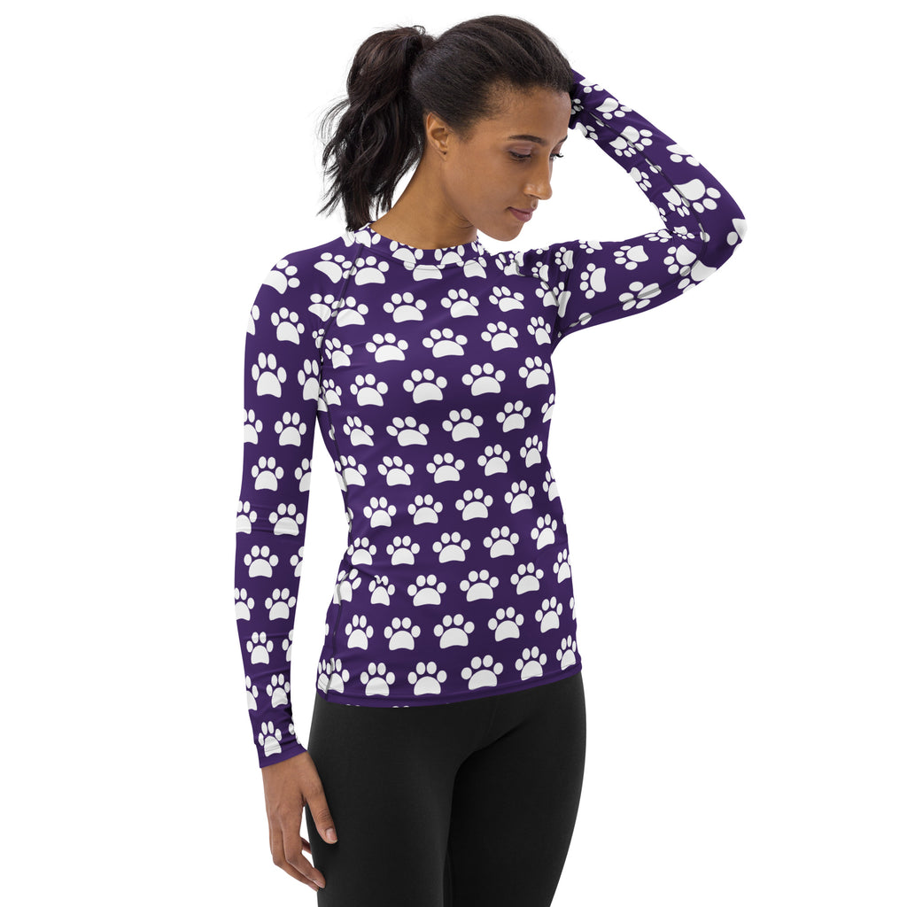 Women's Dark Purple Paw Print Long Sleeve Rash Guard Swim Shirt – Buttery Soft, Sun Safe UPF 50+ Protection, Quick Dry & 4-Way Stretch Comfort
