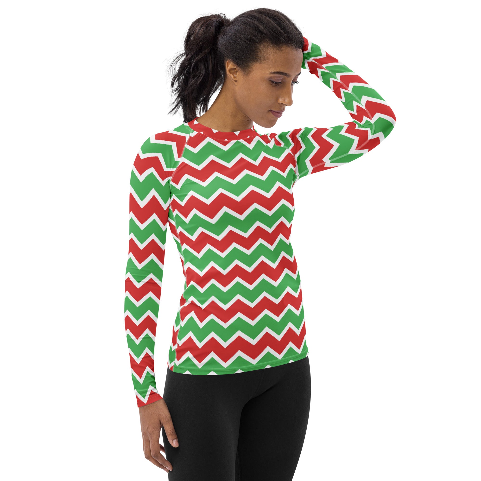 Women's Christmas Chevron Long Sleeve Rash Guard Swim Shirt – Buttery Soft, Sun Safe UPF 50+ Protection, Quick Dry & 4-Way Stretch Comfort