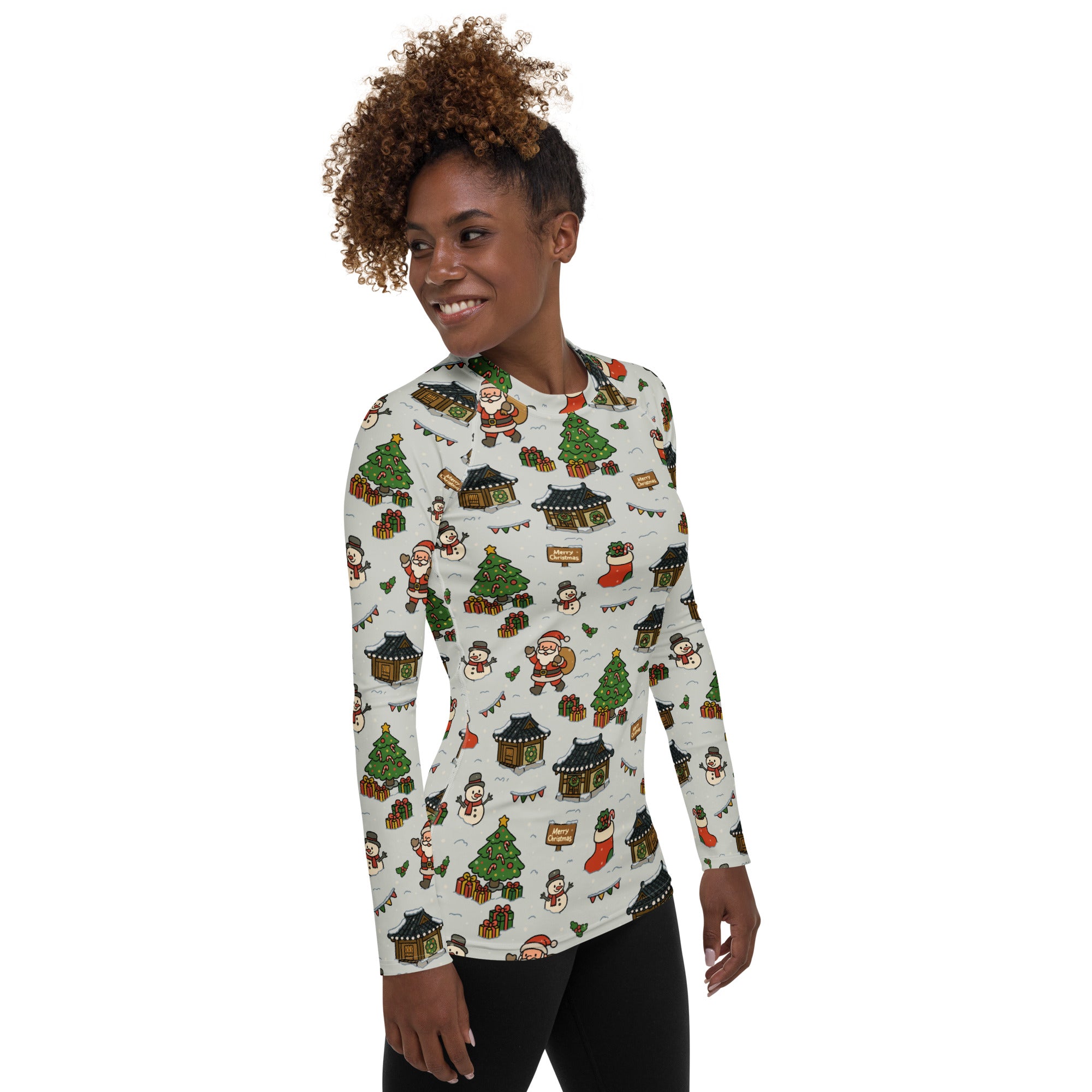 Women's Christmas Village Long Sleeve Rash Guard Swim Shirt – Buttery Soft, Sun Safe UPF 50+ Protection, Quick Dry & 4-Way Stretch Comfort