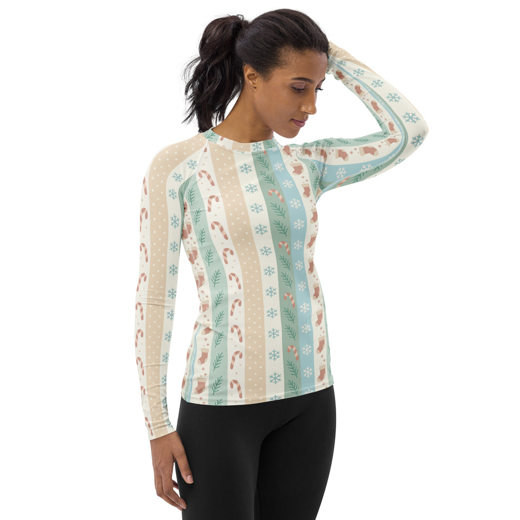 Women's Candy Cane Snowflake Holiday Stripe Long Sleeve Rash Guard Swim Shirt – Buttery Soft, Sun Safe UPF 50+ Protection, Quick Dry & 4-Way Stretch Comfort