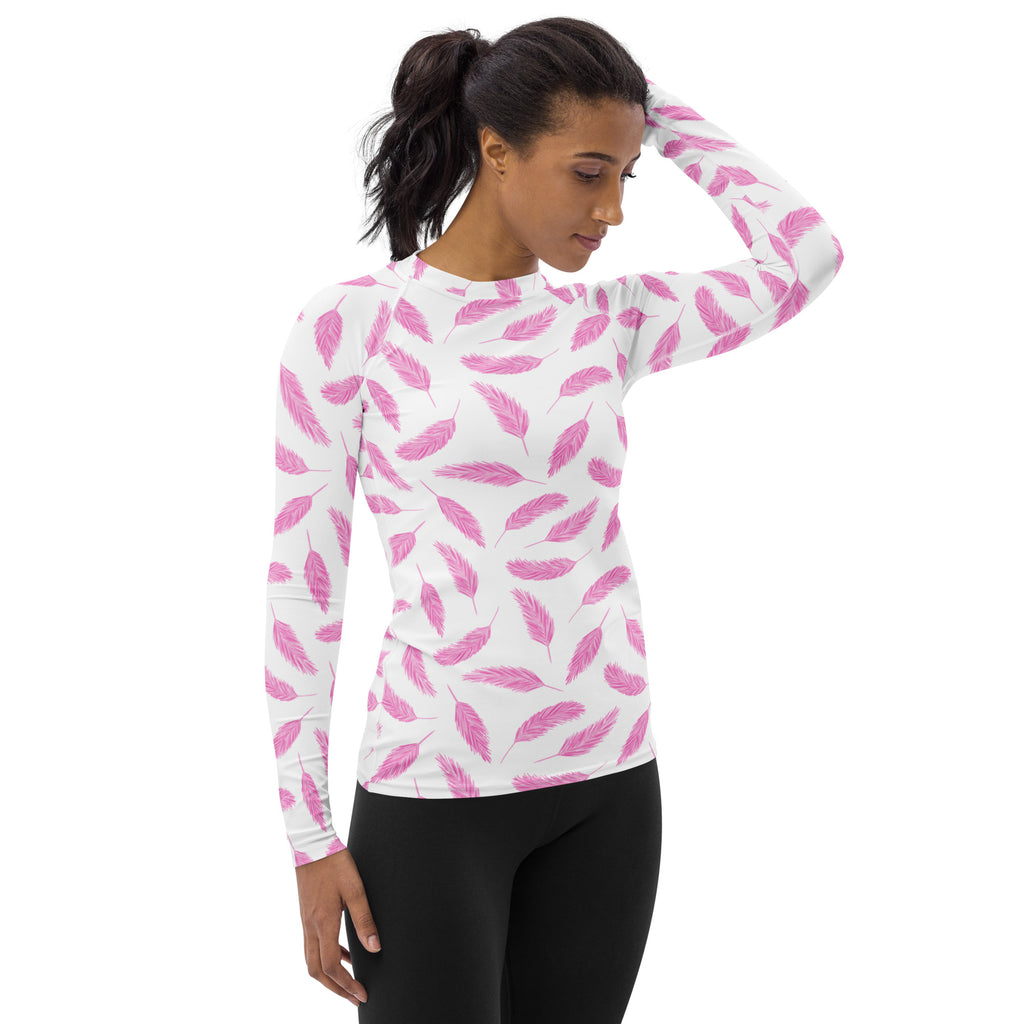 Women's Pink Flamingo Feather Long Sleeve Rash Guard Swim Shirt – Buttery Soft, Sun Safe UPF 50+ Protection, Quick Dry & 4-Way Stretch Comfort
