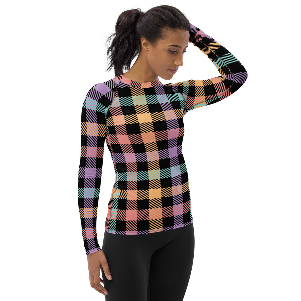 Women's Rainbow Plaid Long Sleeve Rash Guard Swim Shirt – Buttery Soft, Sun Safe UPF 50+ Protection, Quick Dry & 4-Way Stretch Comfort