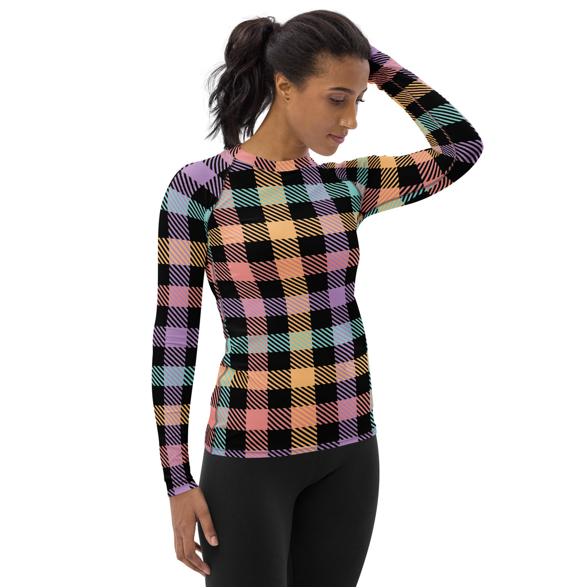 Women's Rainbow Plaid Long Sleeve Rash Guard Swim Shirt – Buttery Soft, Sun Safe UPF 50+ Protection, Quick Dry & 4-Way Stretch Comfort