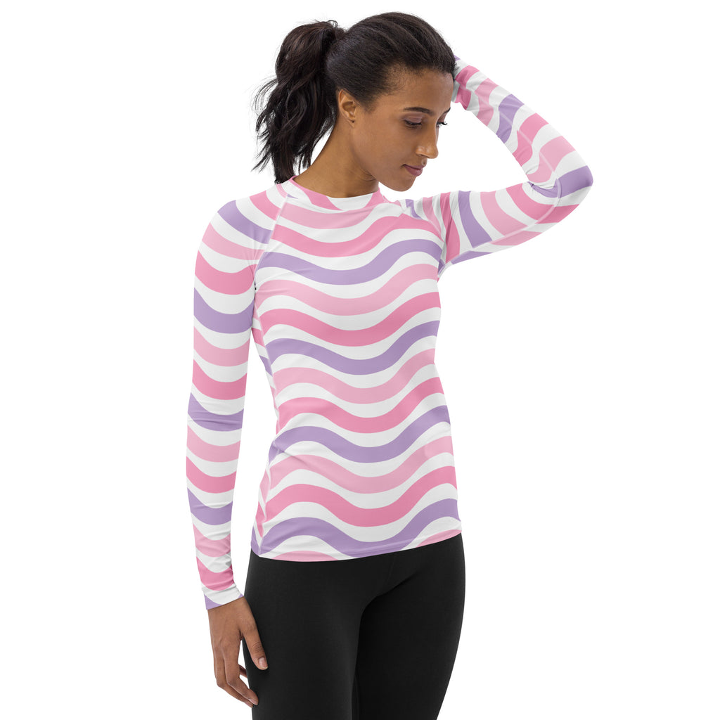 Women's Coastal Pink Purple Wavy Stripe Long Sleeve Rash Guard Swim Shirt – Buttery Soft, Sun Safe UPF 50+ Protection, Quick Dry & 4-Way Stretch Comfort