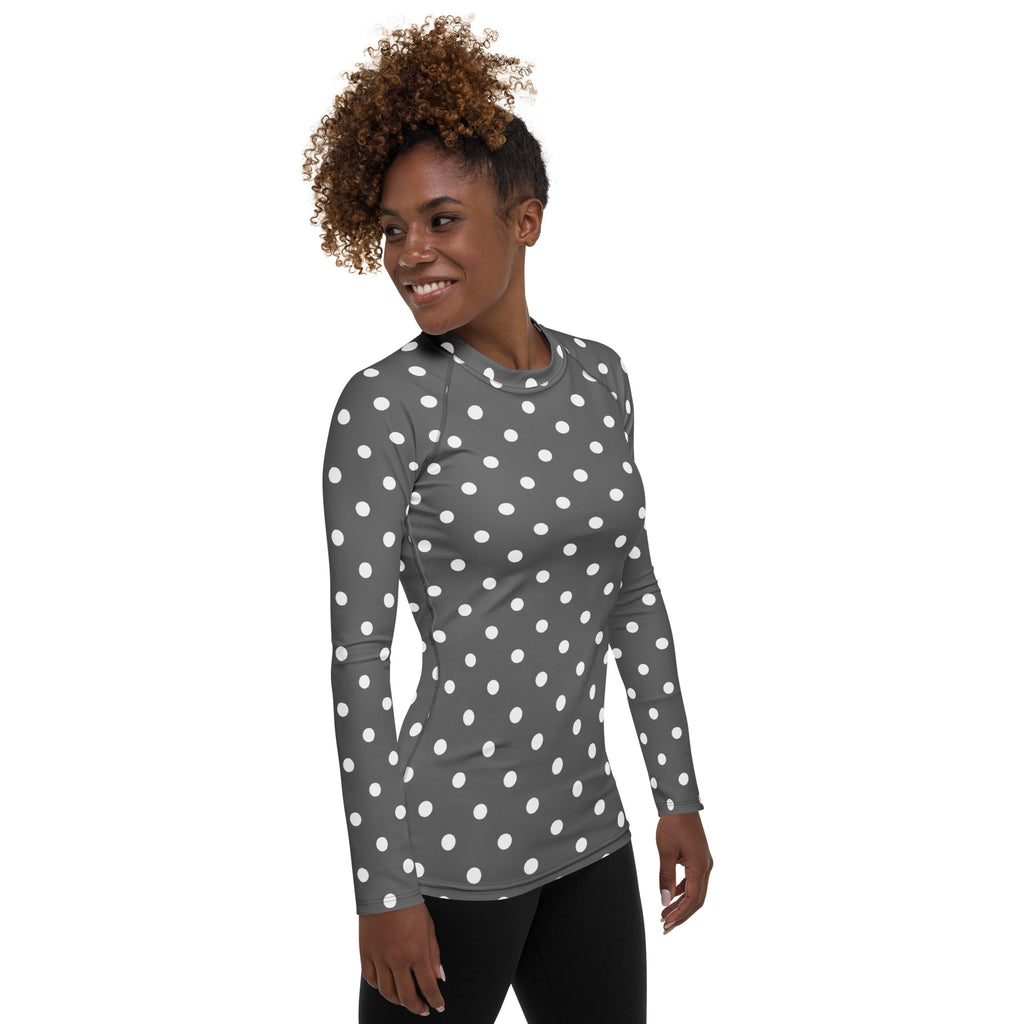 Women's Gray Polka Dot Long Sleeve Rash Guard Swim Shirt – Buttery Soft, Sun Safe UPF 50+ Protection, Quick Dry & 4-Way Stretch Comfort