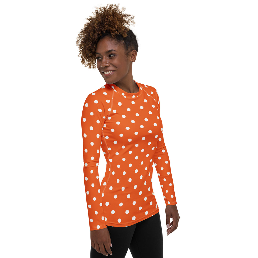 Women's Orange Polka Dot Long Sleeve Rash Guard Swim Shirt – Buttery Soft, Sun Safe UPF 50+ Protection, Quick Dry & 4-Way Stretch Comfort