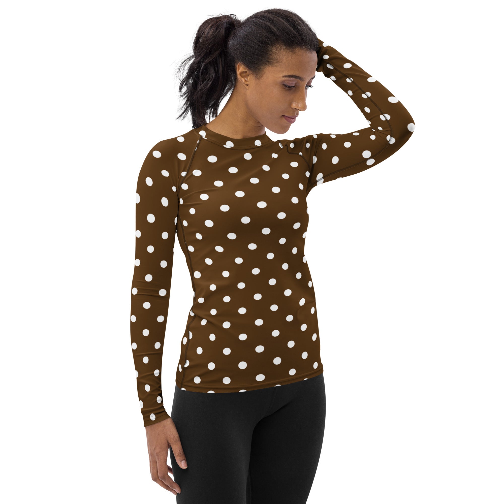 Women's Brown Polka Dot Long Sleeve Rash Guard Swim Shirt – Buttery Soft, Sun Safe UPF 50+ Protection, Quick Dry & 4-Way Stretch Comfort