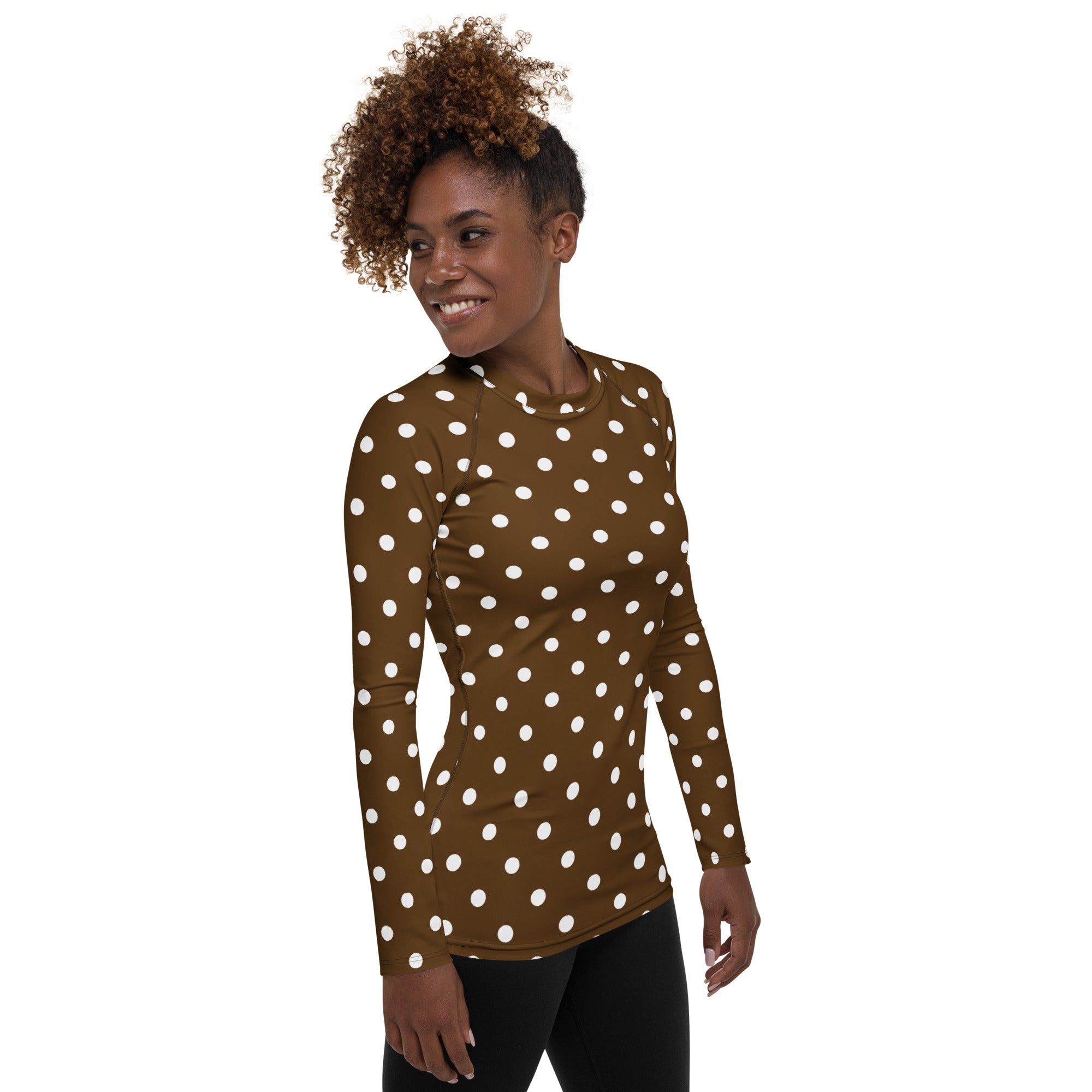 Women's Brown Polka Dot Long Sleeve Rash Guard Swim Shirt – Buttery Soft, Sun Safe UPF 50+ Protection, Quick Dry & 4-Way Stretch Comfort