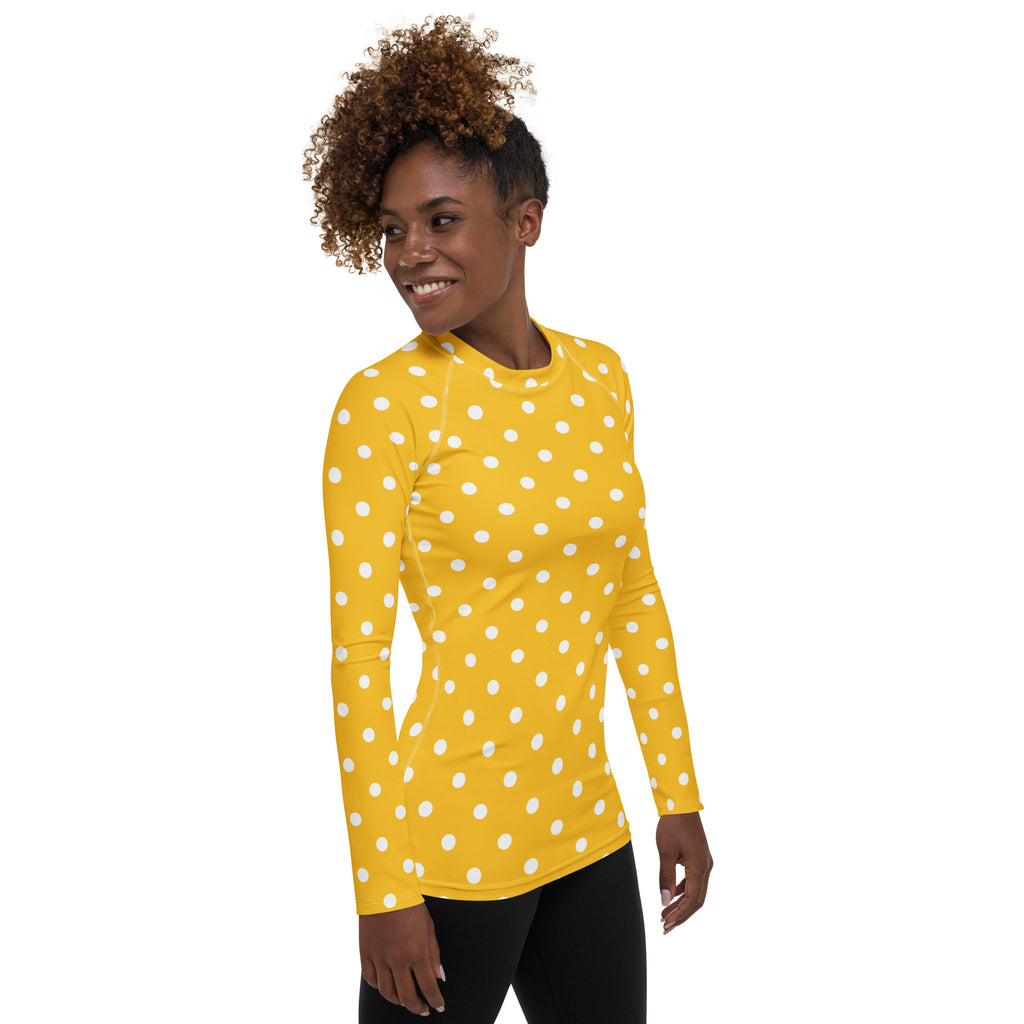 Women's Yellow Polka Dot Long Sleeve Rash Guard Swim Shirt – Buttery Soft, Sun Safe UPF 50+ Protection, Quick Dry & 4-Way Stretch Comfort