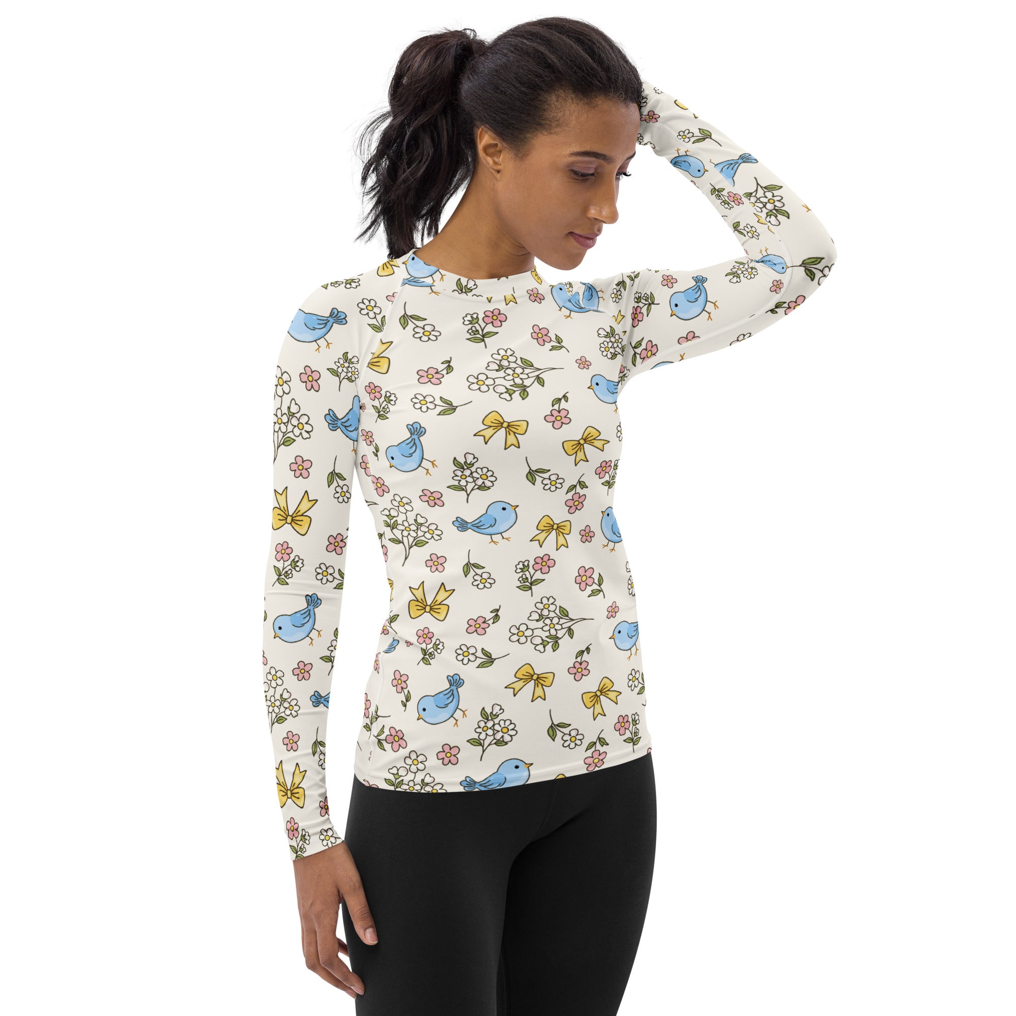 Women's Blue Bird Floral Long Sleeve Rash Guard Swim Shirt – Buttery Soft, Sun Safe UPF 50+ Protection, Quick Dry & 4-Way Stretch Comfort