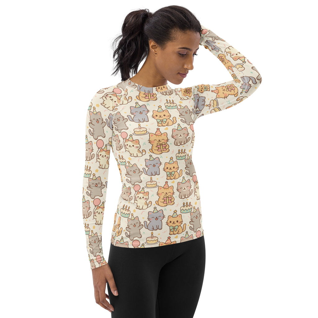 Women's Kitten Birthday Long Sleeve Rash Guard Swim Shirt – Buttery Soft, Sun Safe UPF 50+ Protection, Quick Dry & 4-Way Stretch Comfort