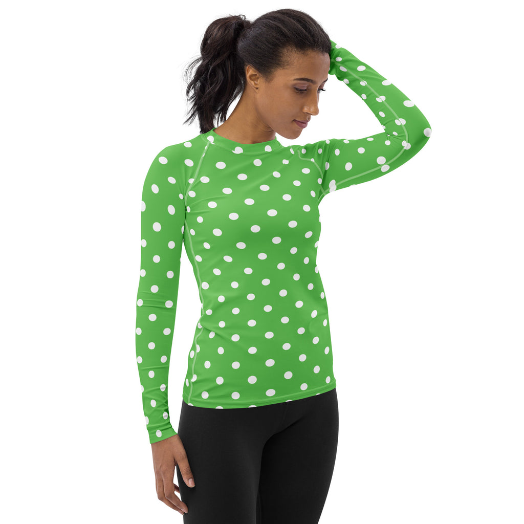 Women's Green Polka Dot Long Sleeve Rash Guard Swim Shirt – Buttery Soft, Sun Safe UPF 50+ Protection, Quick Dry & 4-Way Stretch Comfort