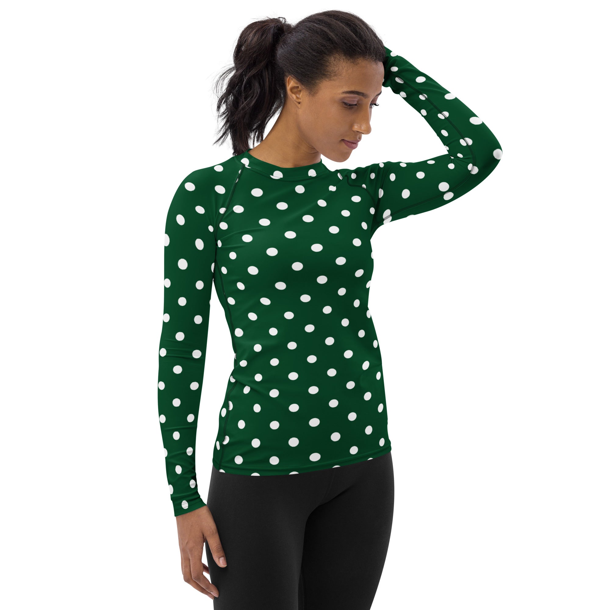 Women's Forest Green Polka Dot Long Sleeve Rash Guard Swim Shirt – Buttery Soft, Sun Safe UPF 50+ Protection, Quick Dry & 4-Way Stretch Comfort