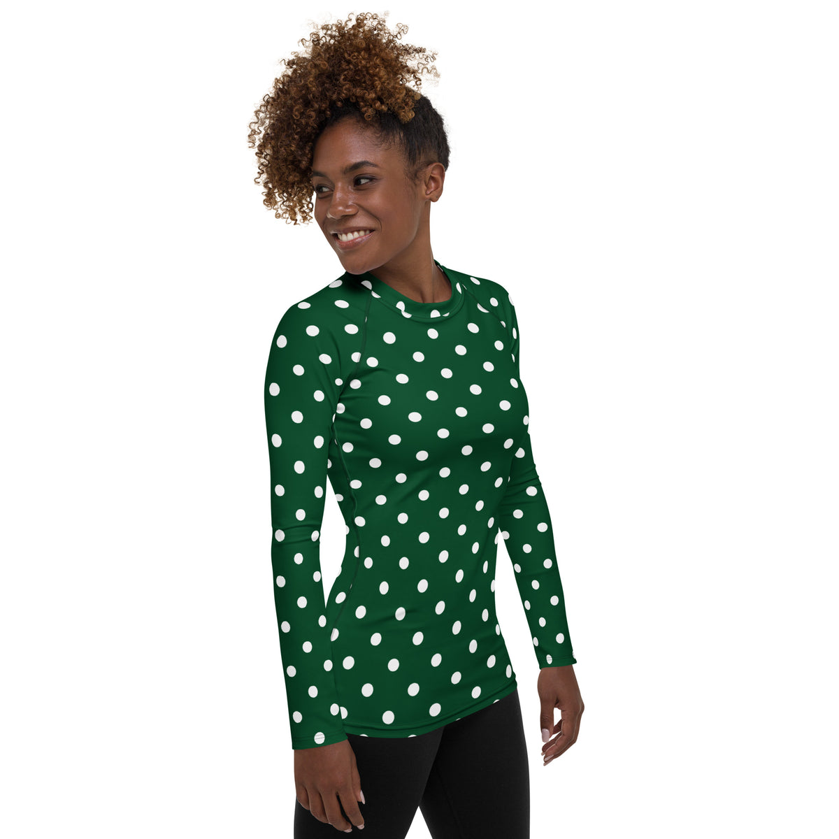 Women's Forest Green Polka Dot Long Sleeve Rash Guard Swim Shirt – Buttery Soft, Sun Safe UPF 50+ Protection, Quick Dry & 4-Way Stretch Comfort