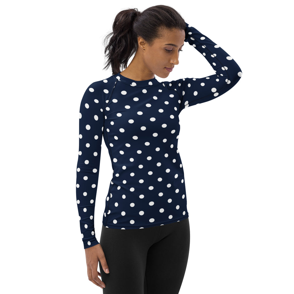 Women's Navy Blue Polka Dot Long Sleeve Rash Guard Swim Shirt – Buttery Soft, Sun Safe UPF 50+ Protection, Quick Dry & 4-Way Stretch Comfort