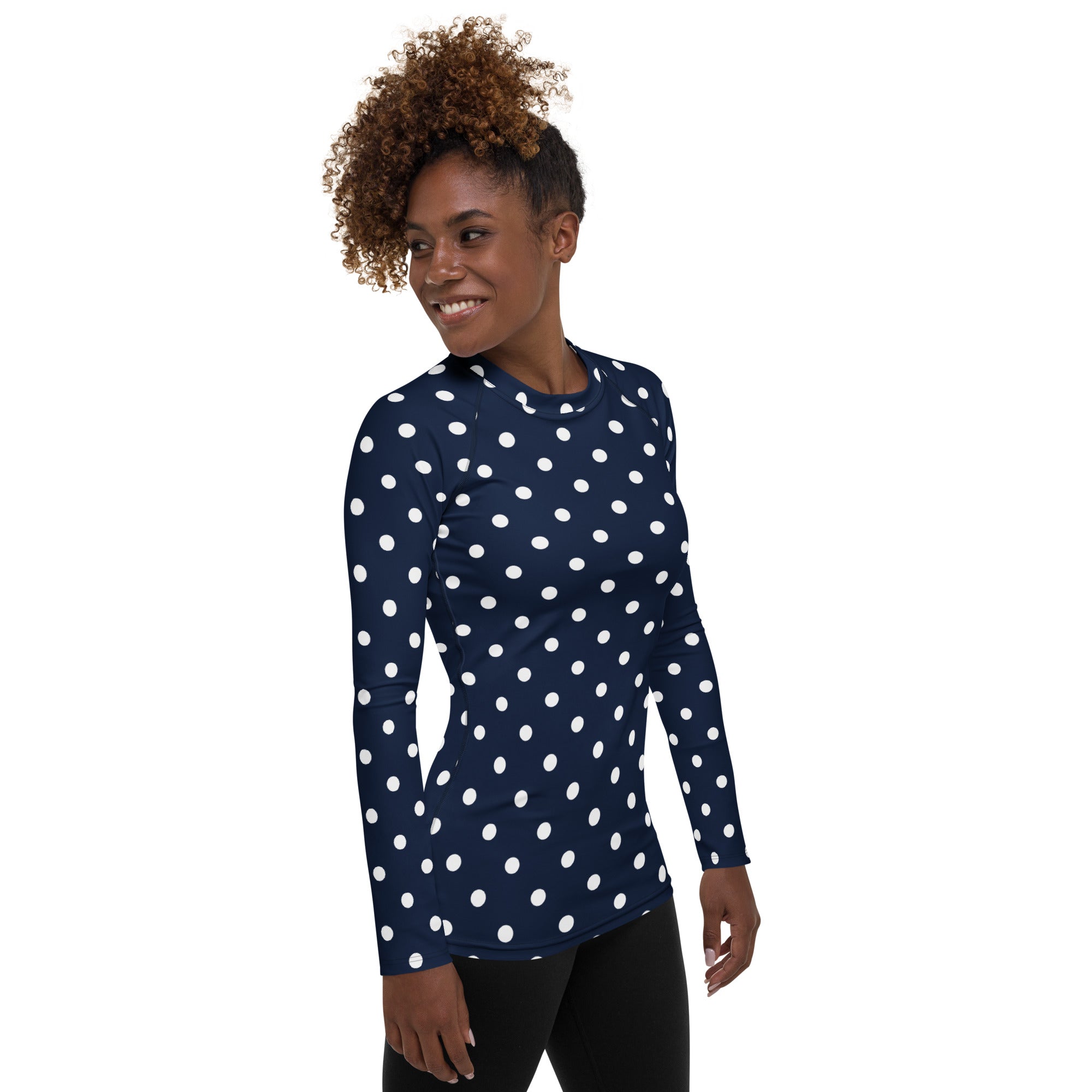 Women's Navy Blue Polka Dot Long Sleeve Rash Guard Swim Shirt – Buttery Soft, Sun Safe UPF 50+ Protection, Quick Dry & 4-Way Stretch Comfort