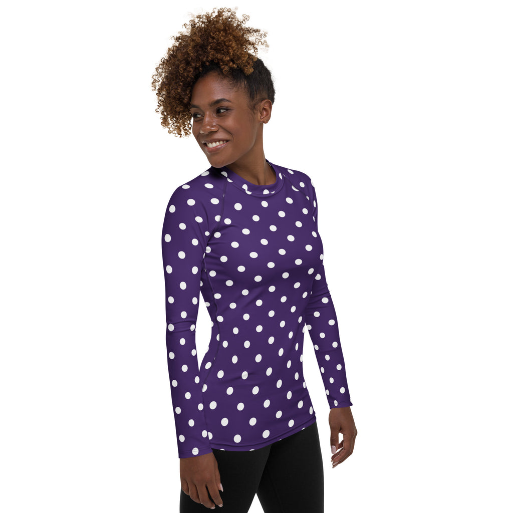 Women's Dark Purple Polka Dot Long Sleeve Rash Guard Swim Shirt – Buttery Soft, Sun Safe UPF 50+ Protection, Quick Dry & 4-Way Stretch Comfort