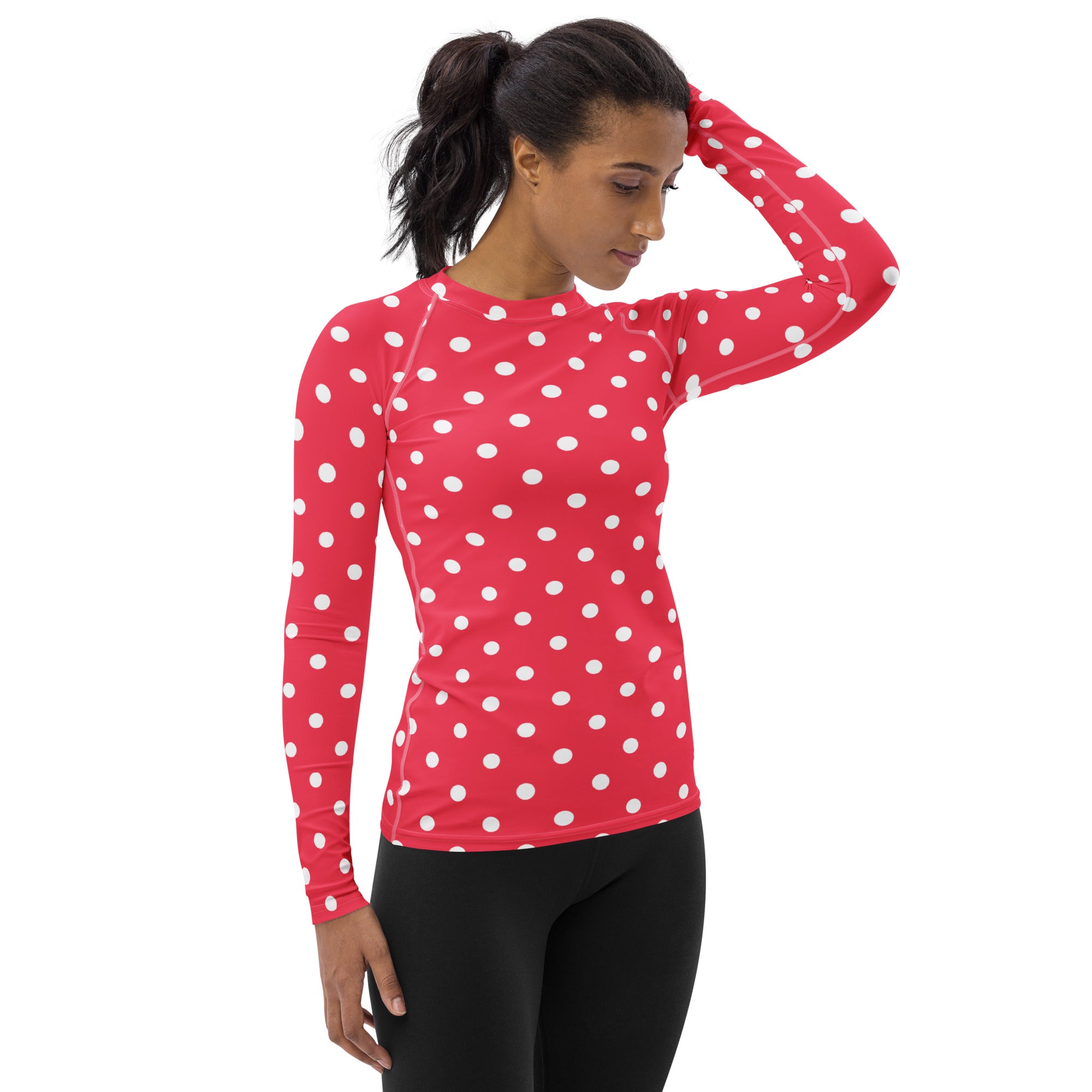 Women's Bright Pink Polka Dot Long Sleeve Rash Guard Swim Shirt – Buttery Soft, Sun Safe UPF 50+ Protection, Quick Dry & 4-Way Stretch Comfort