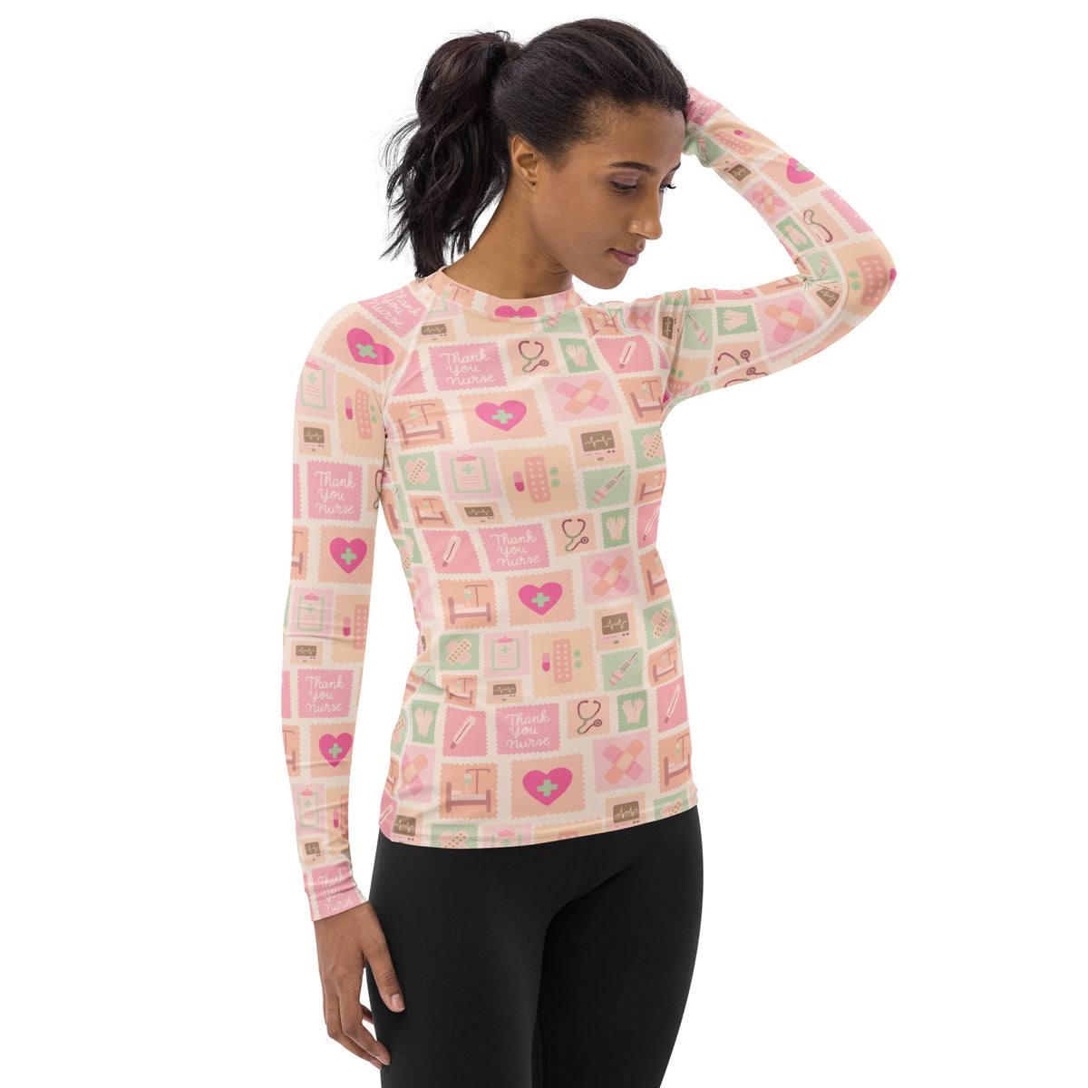 Women's Pink Nurse Icon Long Sleeve Rash Guard Swim Shirt – Buttery Soft, Sun Safe UPF 50+ Protection, Quick Dry & 4-Way Stretch Comfort
