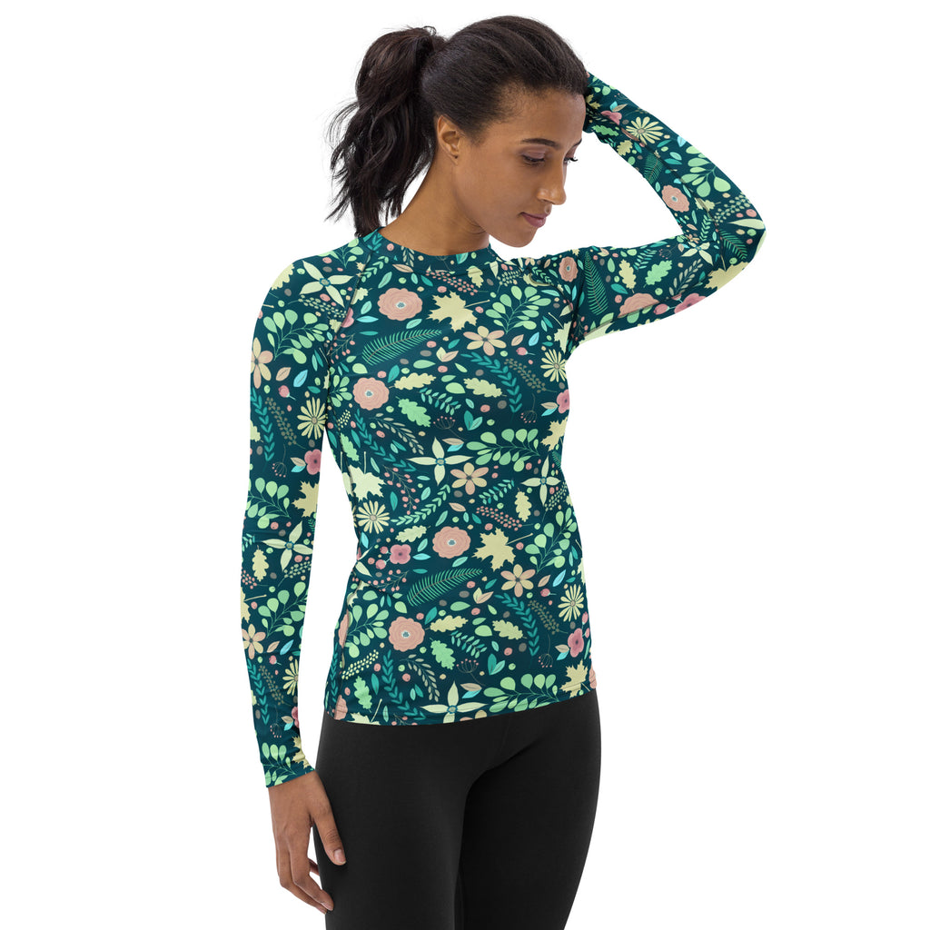 Women's Dark Green Floral Long Sleeve Rash Guard Swim Shirt – Buttery Soft, Sun Safe UPF 50+ Protection, Quick Dry & 4-Way Stretch Comfort