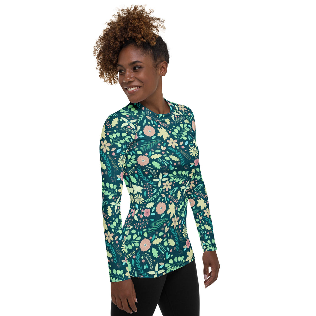 Women's Dark Green Floral Long Sleeve Rash Guard Swim Shirt – Buttery Soft, Sun Safe UPF 50+ Protection, Quick Dry & 4-Way Stretch Comfort