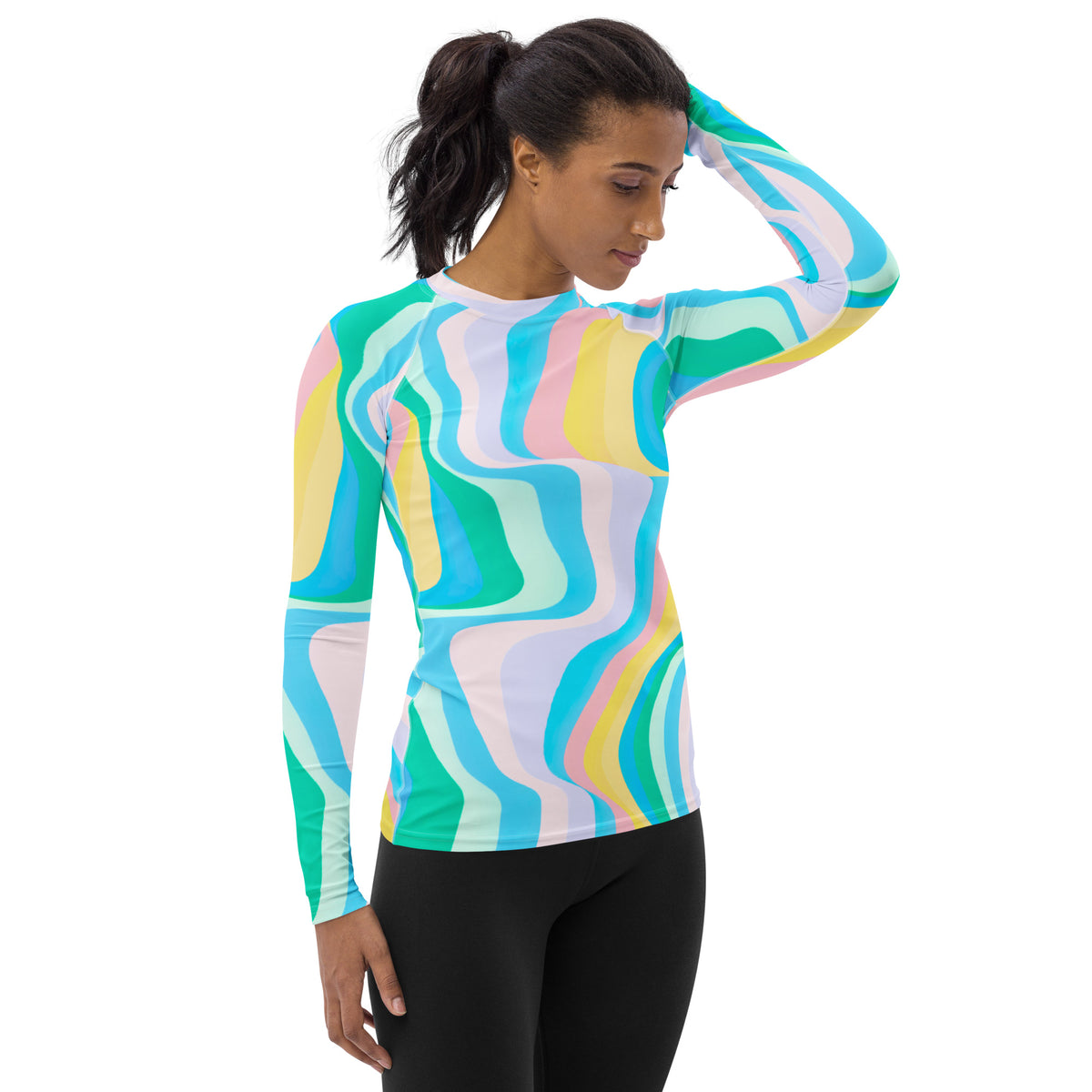 Women's Abstract Green Wavy Stripes Long Sleeve Rash Guard Swim Shirt – Buttery Soft, Sun Safe UPF 50+ Protection, Quick Dry & 4-Way Stretch Comfort