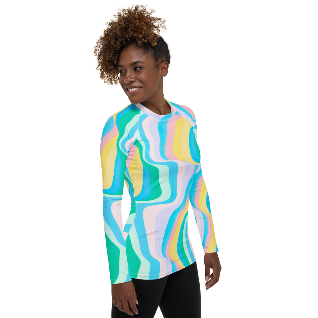 Women's Abstract Green Wavy Stripes Long Sleeve Rash Guard Swim Shirt – Buttery Soft, Sun Safe UPF 50+ Protection, Quick Dry & 4-Way Stretch Comfort