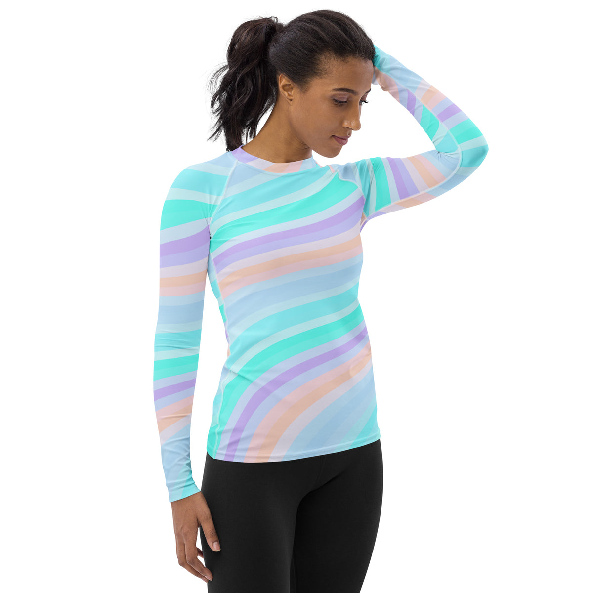 Women's Pastel Ocean Wave Long Sleeve Rash Guard Swim Shirt – Buttery Soft, Sun Safe UPF 50+ Protection, Quick Dry & 4-Way Stretch Comfort