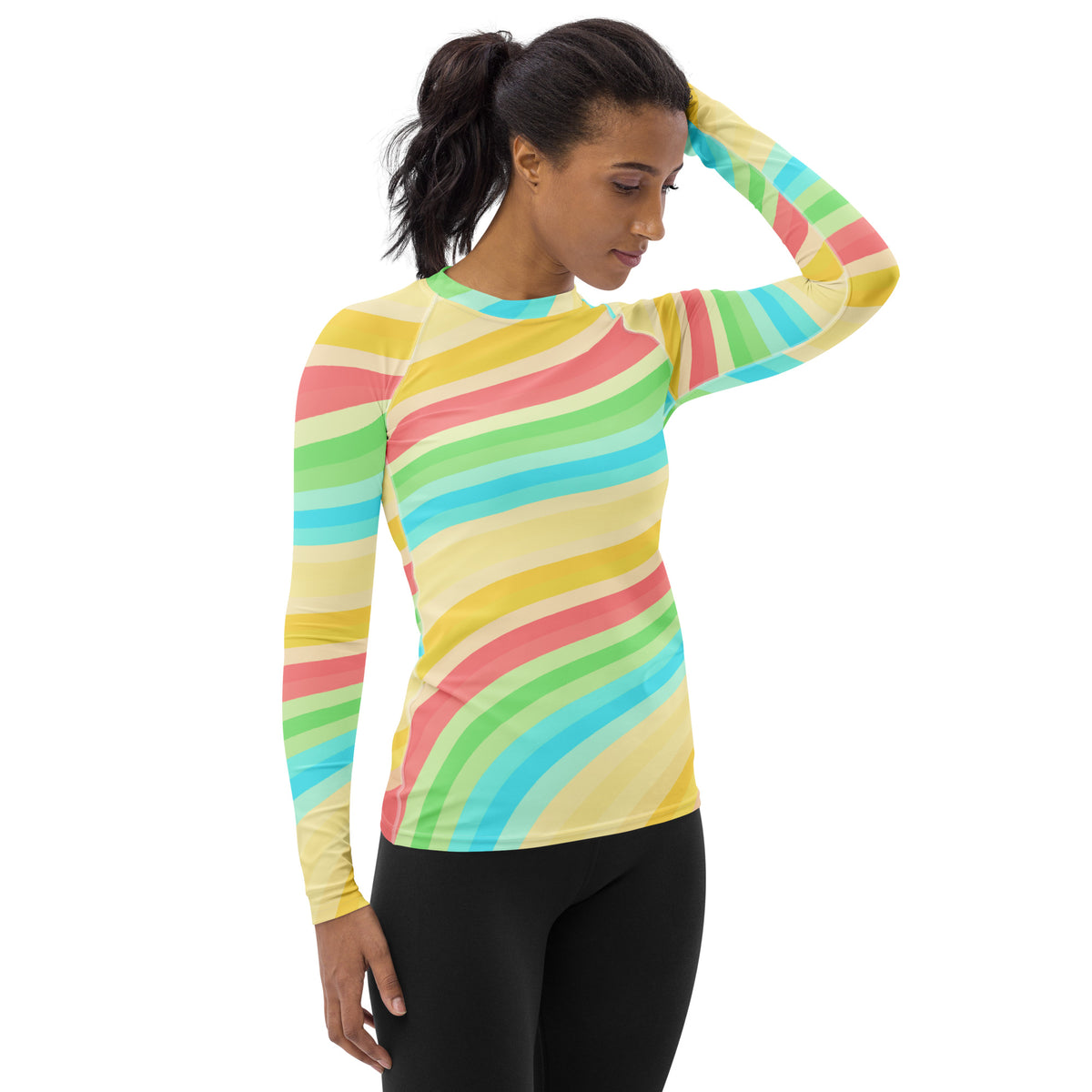Women's Summer Rainbow Wave Long Sleeve Rash Guard Swim Shirt – Buttery Soft, Sun Safe UPF 50+ Protection, Quick Dry & 4-Way Stretch Comfort
