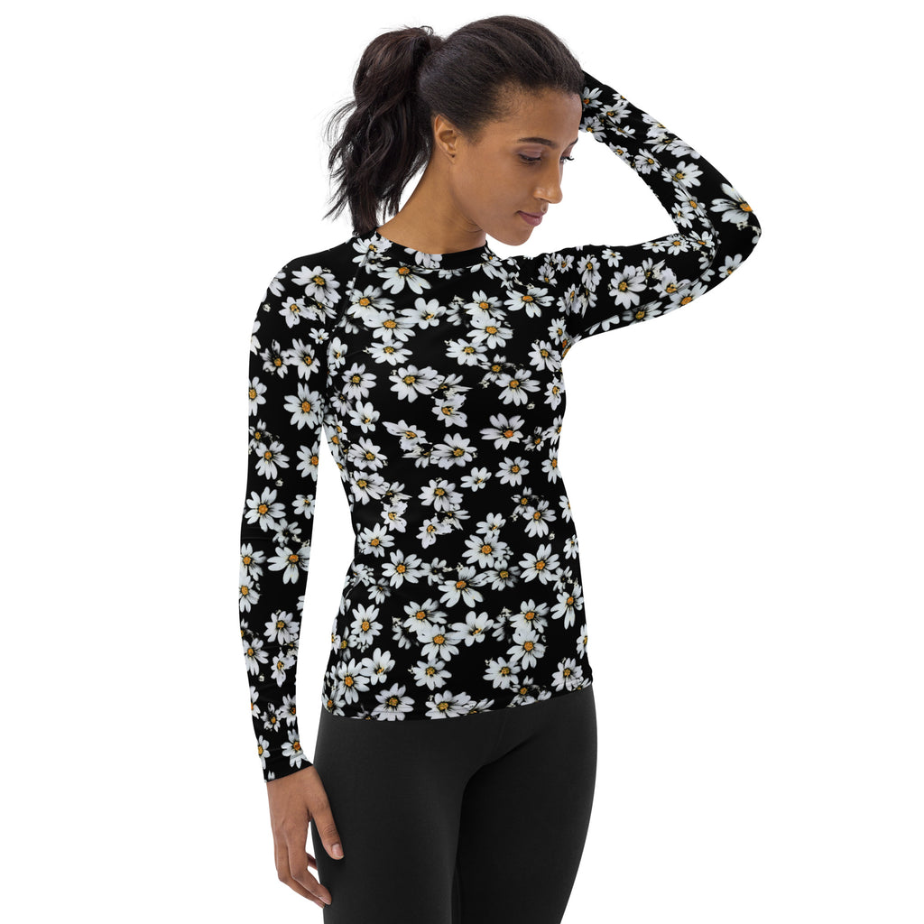 Women's Black Daisy Long Sleeve Rash Guard Swim Shirt – Buttery Soft, Sun Safe UPF 50+ Protection, Quick Dry & 4-Way Stretch Comfort