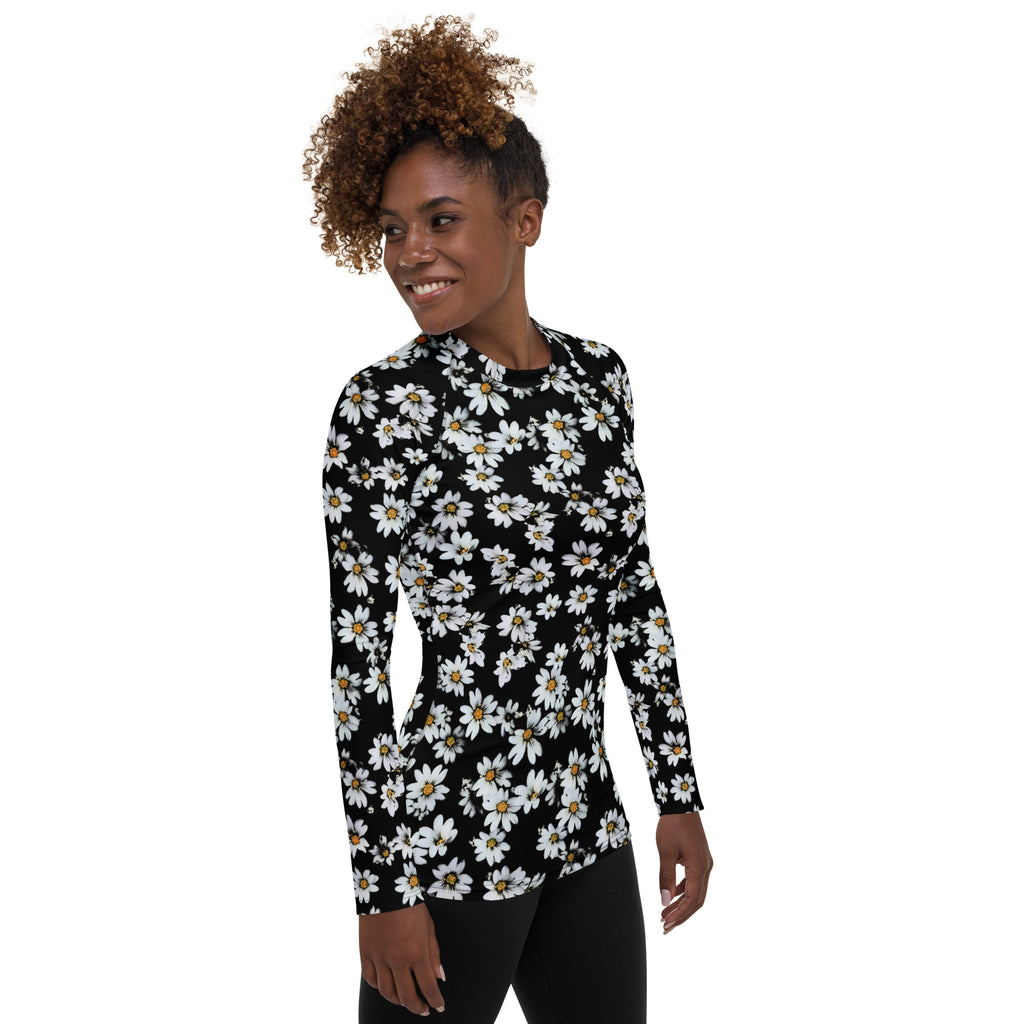 Women's Black Daisy Long Sleeve Rash Guard Swim Shirt – Buttery Soft, Sun Safe UPF 50+ Protection, Quick Dry & 4-Way Stretch Comfort