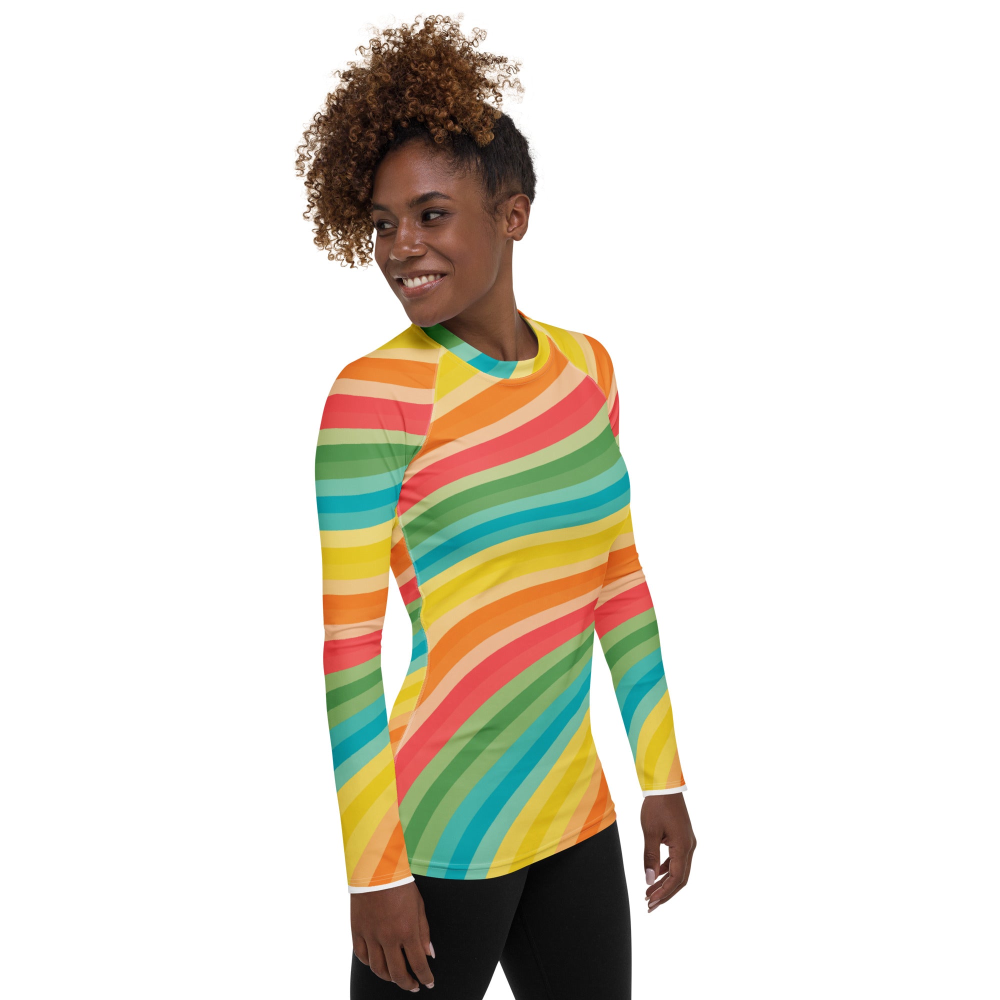 Women's Retro Rainbow Wave Long Sleeve Rash Guard Swim Shirt – Buttery Soft, Sun Safe UPF 50+ Protection, Quick Dry & 4-Way Stretch Comfort