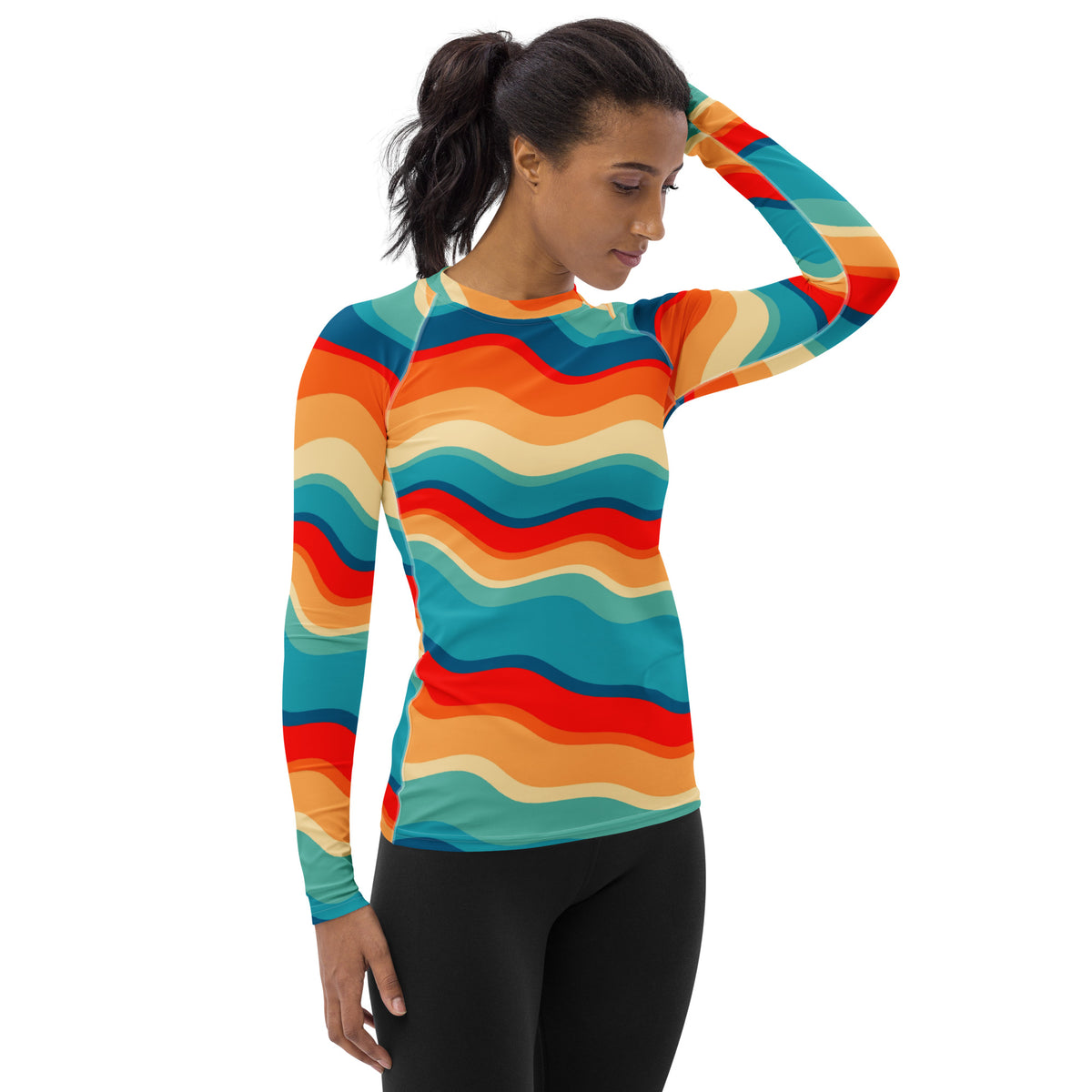 Women's Retro Wavy Stripe Long Sleeve Rash Guard Swim Shirt – Buttery Soft, Sun Safe UPF 50+ Protection, Quick Dry & 4-Way Stretch Comfort