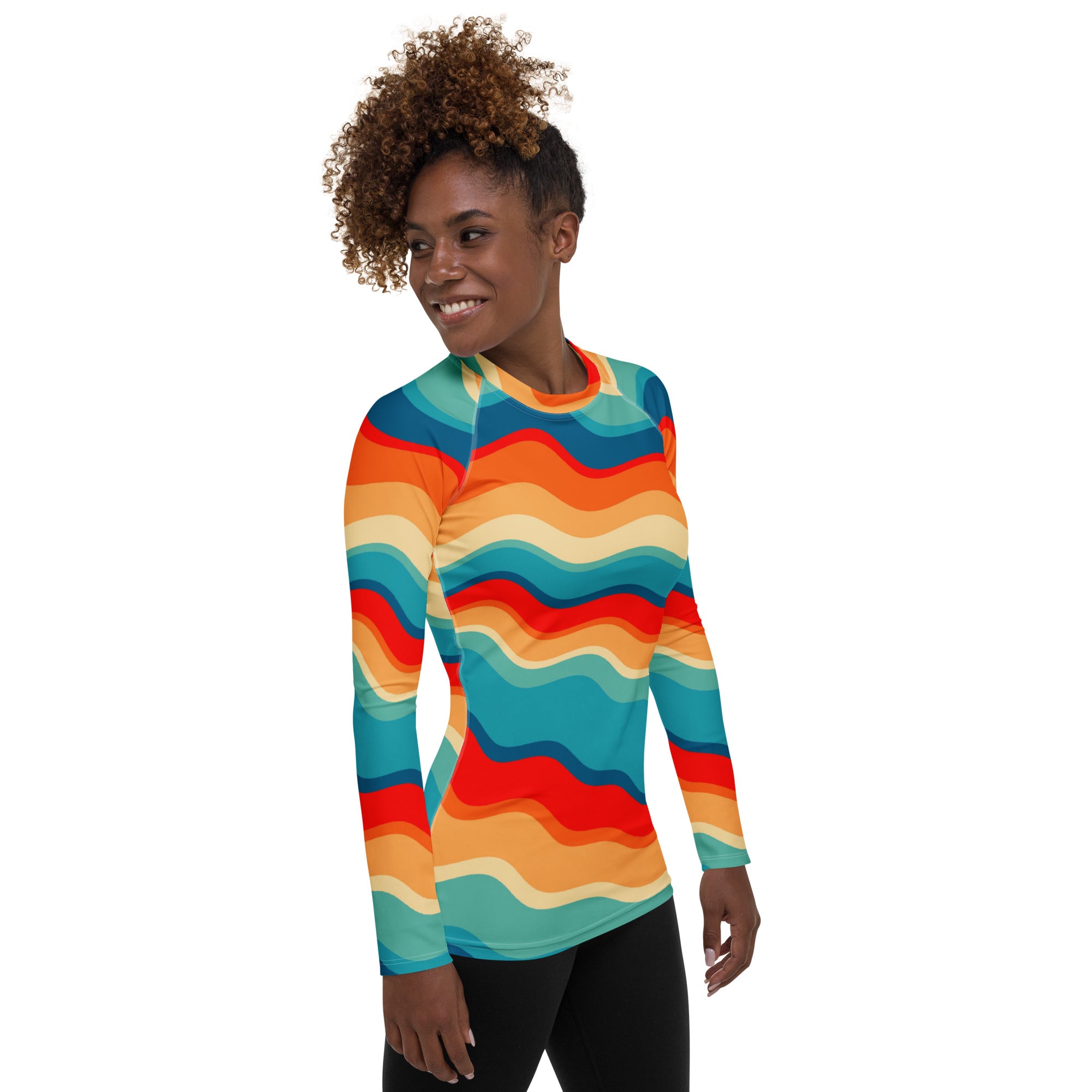 Women's Retro Wavy Stripe Long Sleeve Rash Guard Swim Shirt – Buttery Soft, Sun Safe UPF 50+ Protection, Quick Dry & 4-Way Stretch Comfort