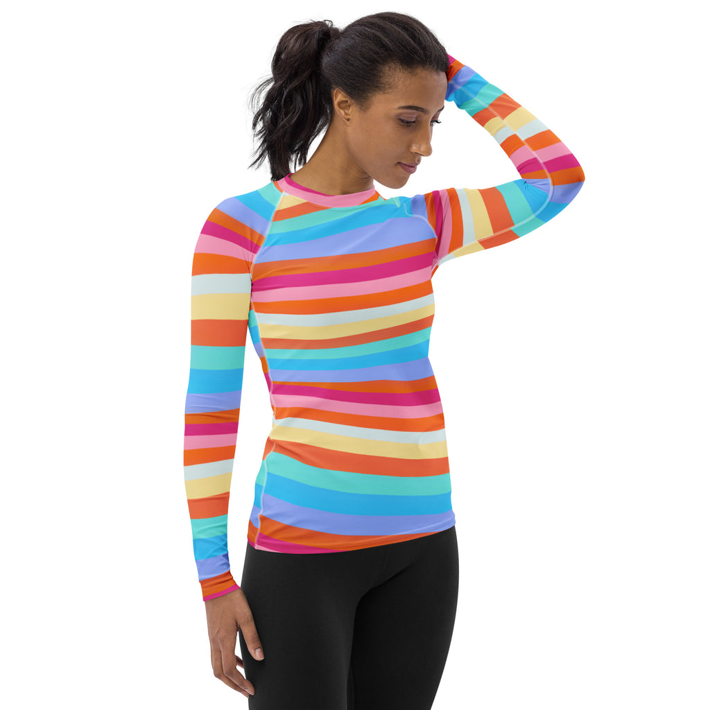 Women's Colorful Wavy Sand Stripe Long Sleeve Rash Guard Swim Shirt – Buttery Soft, Sun Safe UPF 50+ Protection, Quick Dry & 4-Way Stretch Comfort